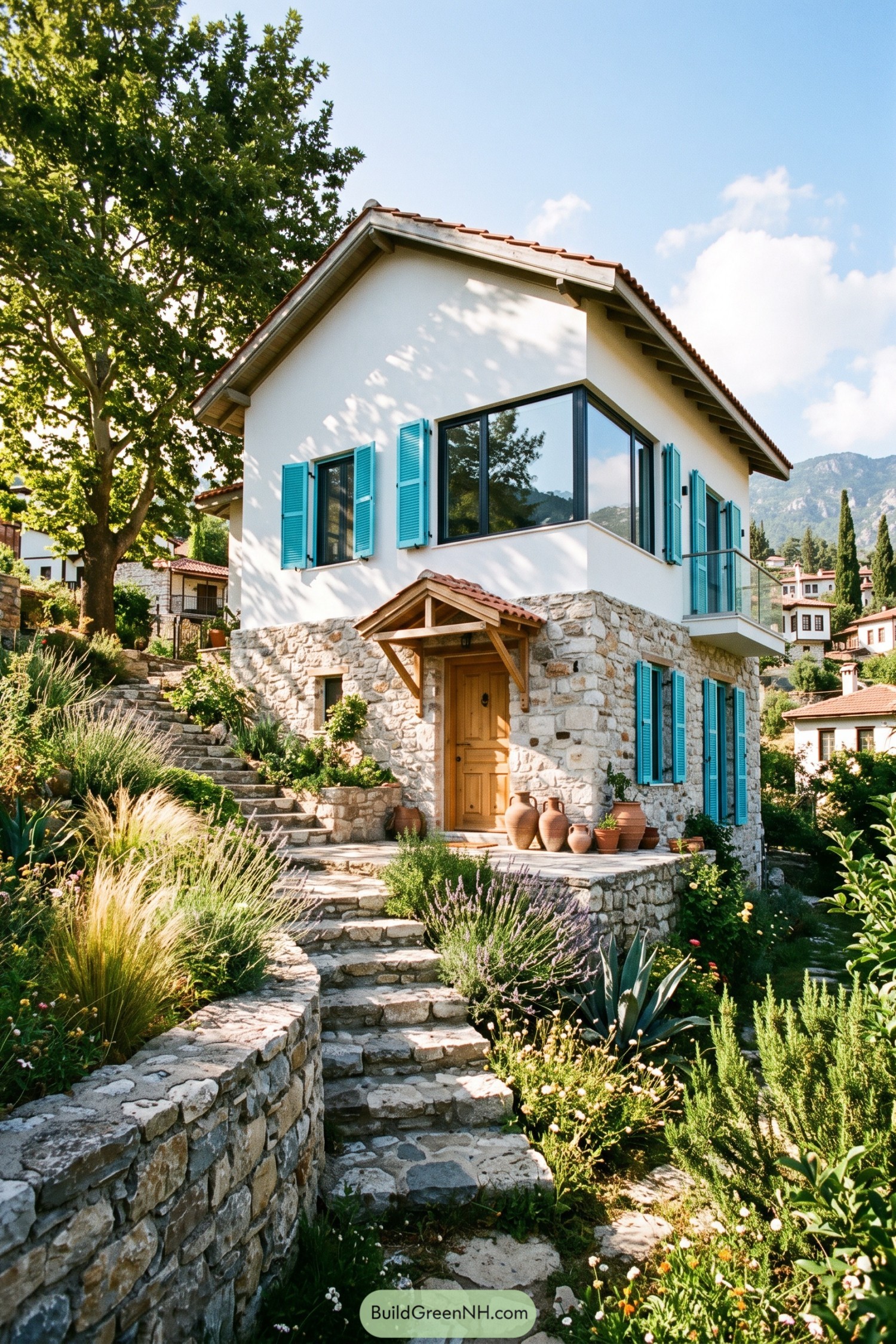 White village home with turquoise shutters and stone base