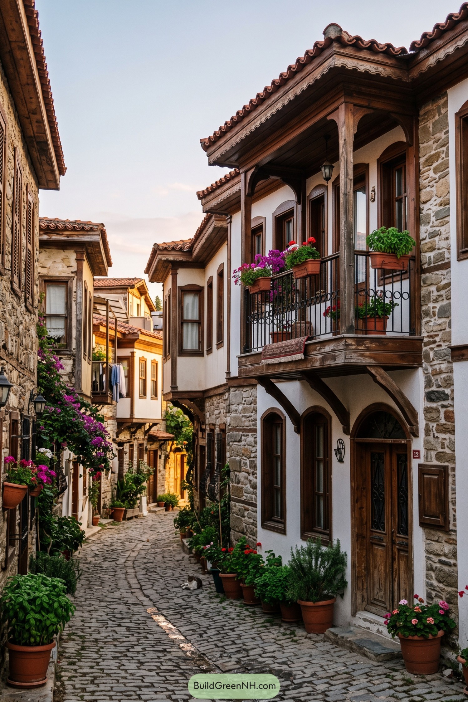 Traditional Turkish house with timber balconies stone walls and flower pots