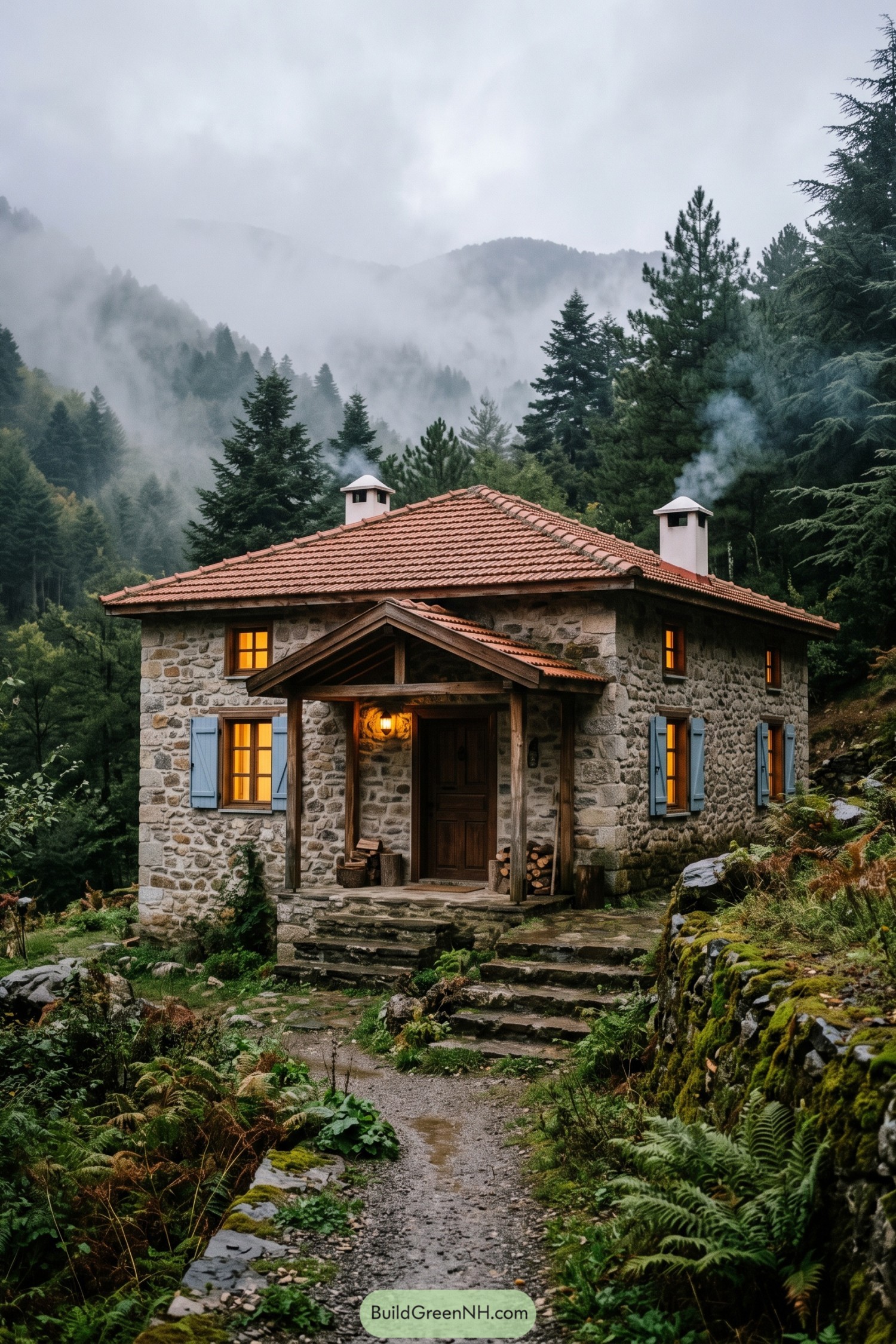 Stone cottage with blue shutters in a misty forest