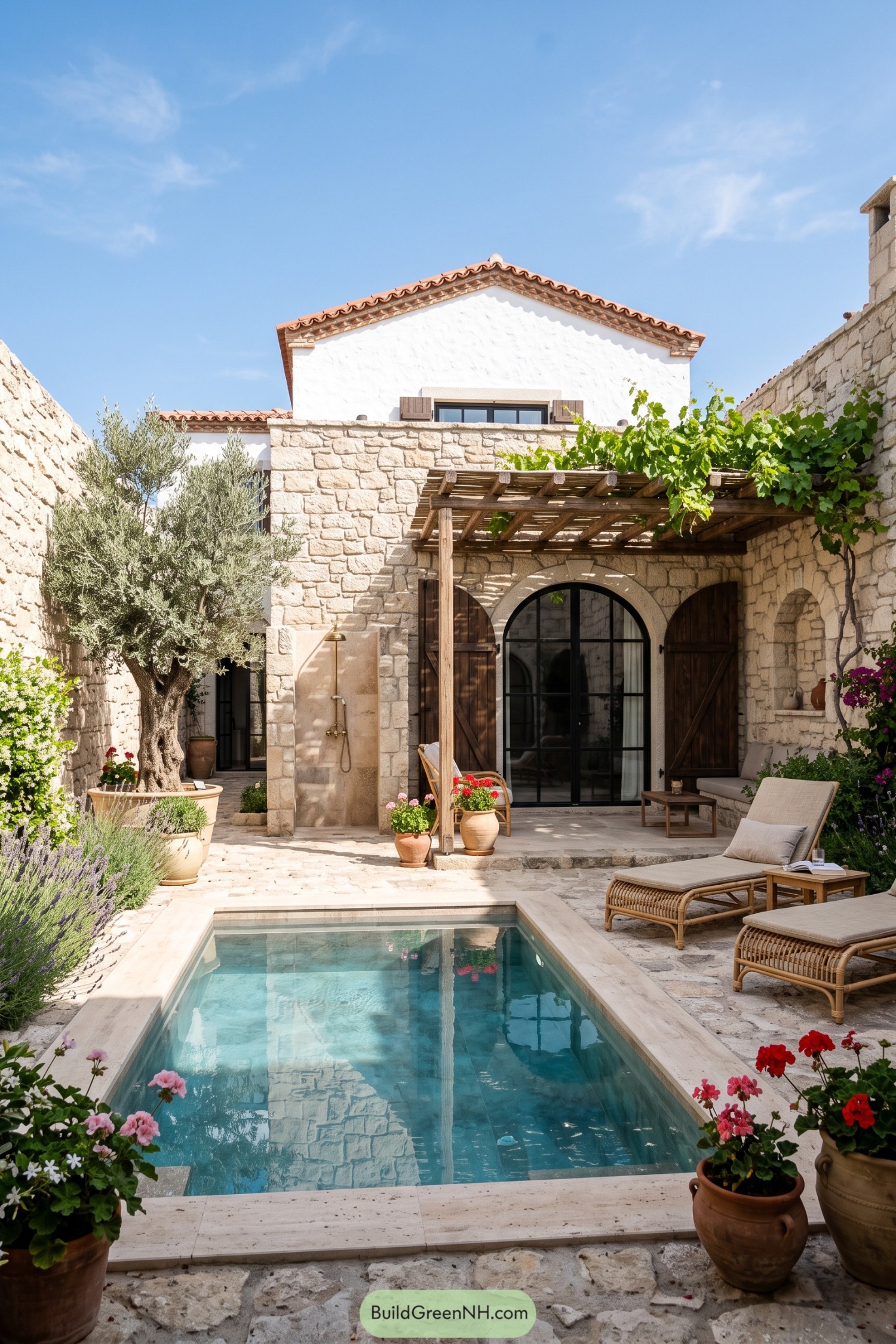 Stone courtyard home with a vine-covered pergola and narrow pool