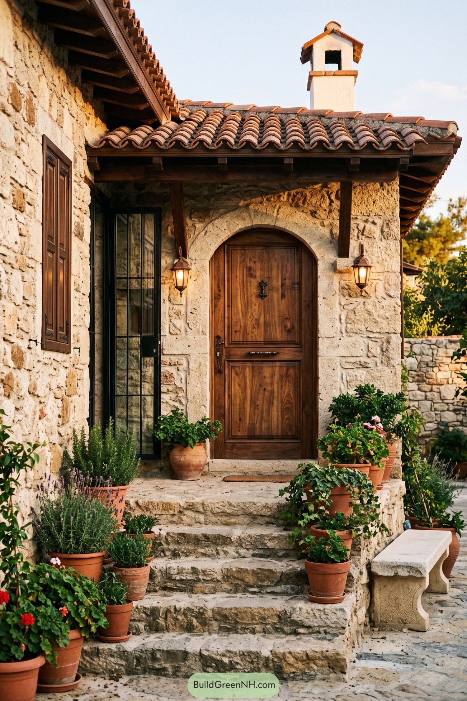 Arched wooden entry on a stone village house with terracotta roof tiles and potted plants