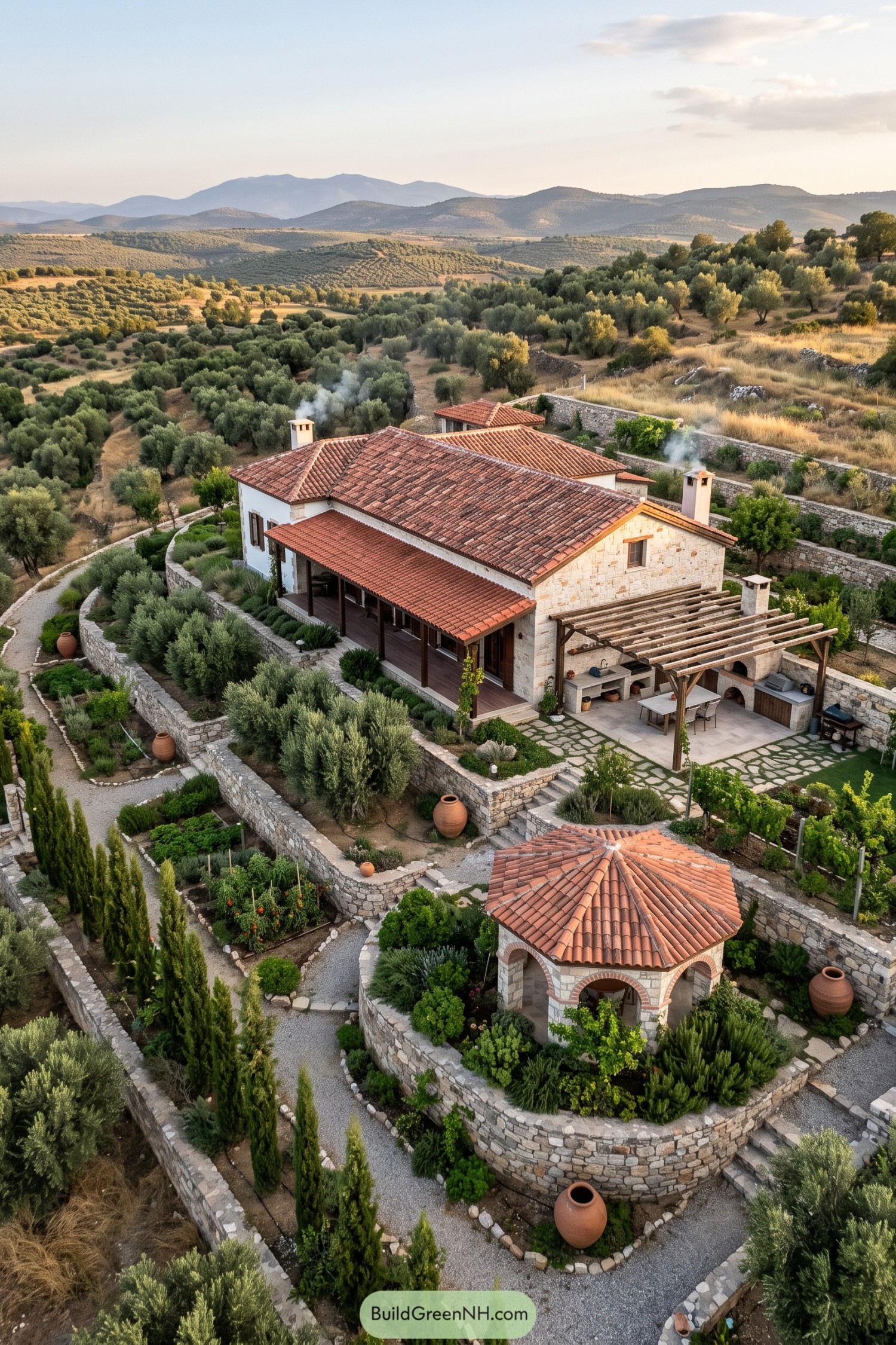 Stone villa with tiled roofs amid olive groves
