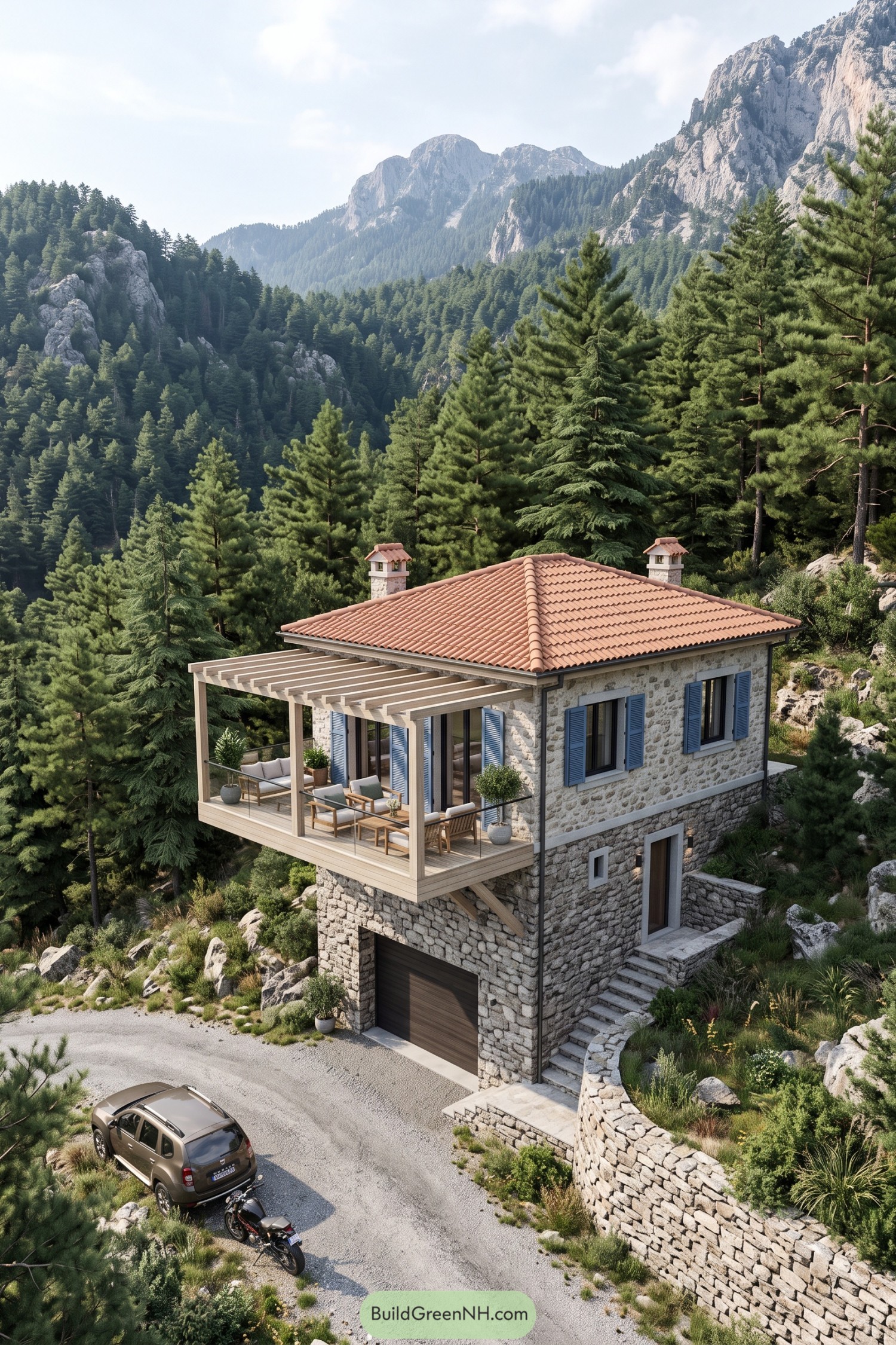 Stone village house with blue shutters and a terrace overlooking pine-covered mountains