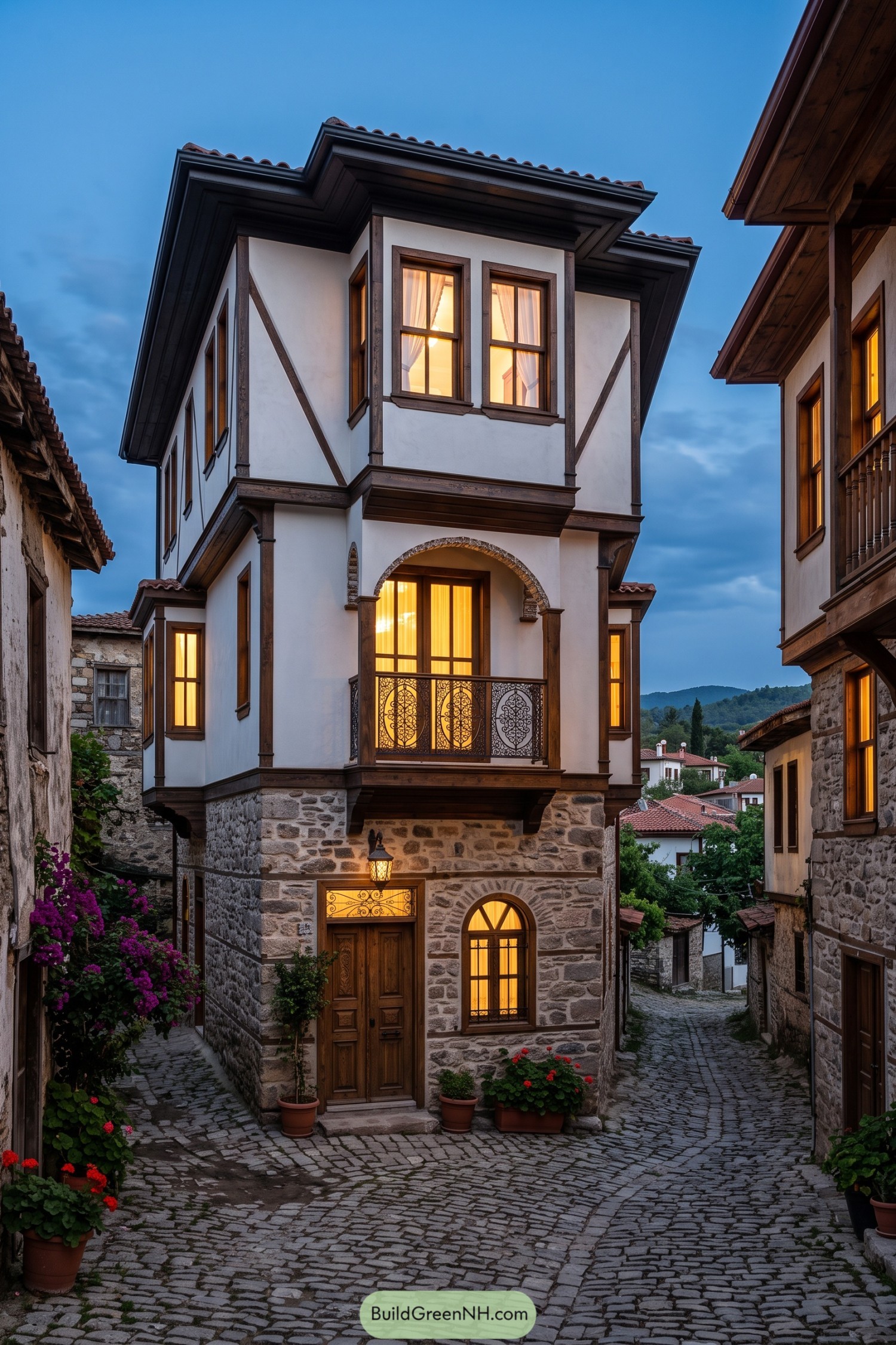 Three-story Ottoman-inspired home with timber framing and stone base