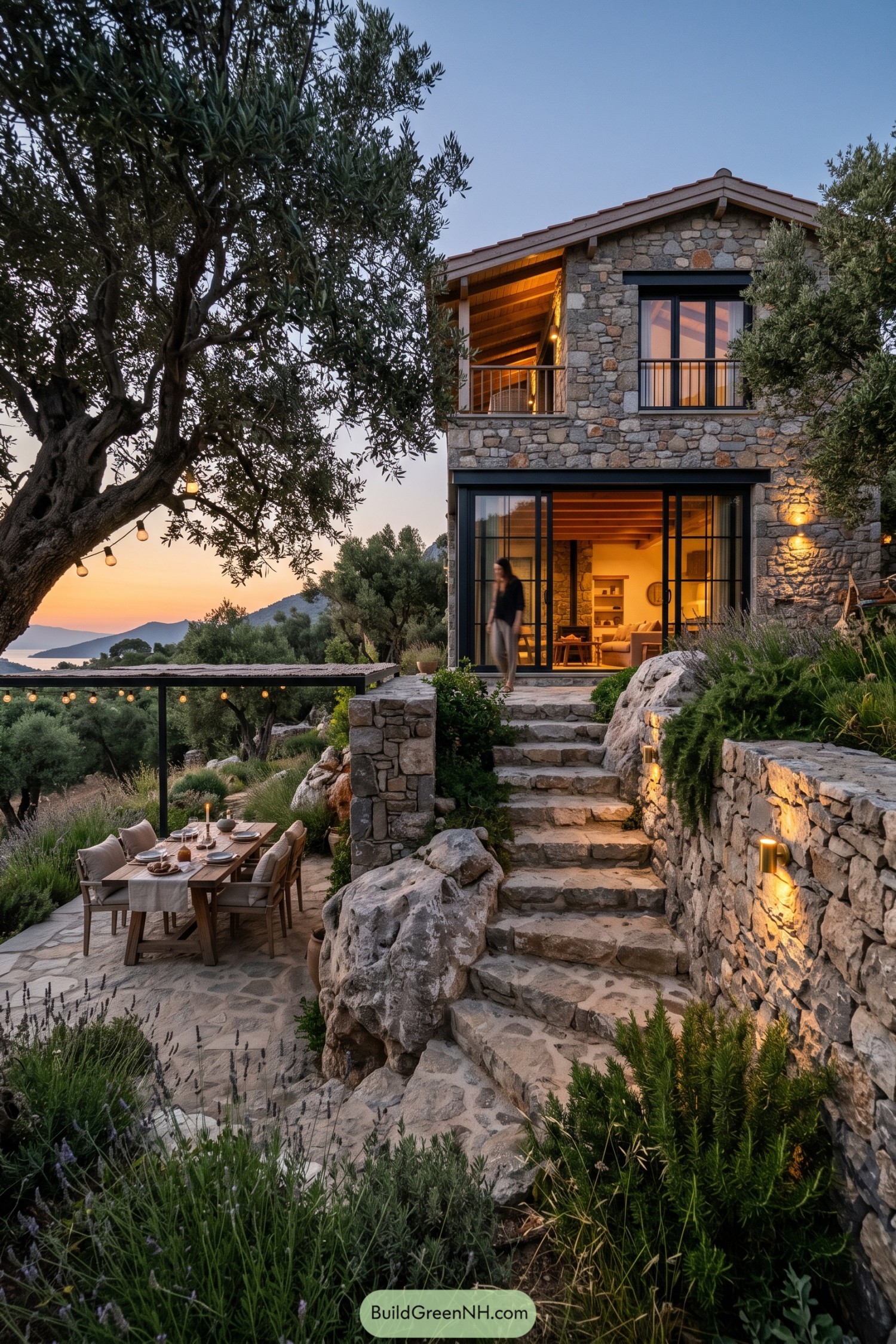 Two-story hillside home with olive trees and terraced dining patio