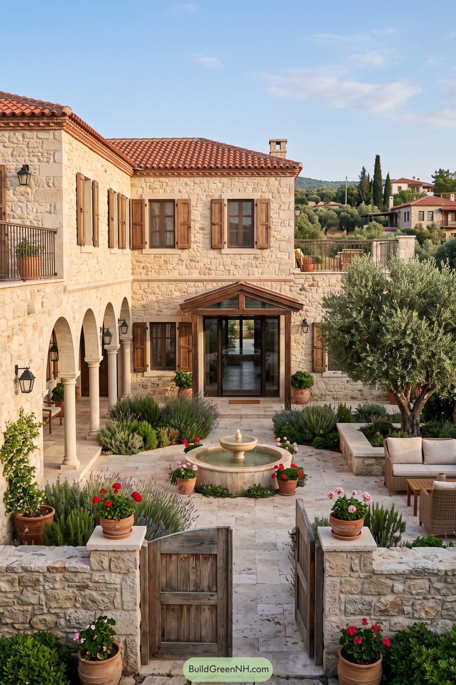 Stone house with arched veranda and fountain courtyard