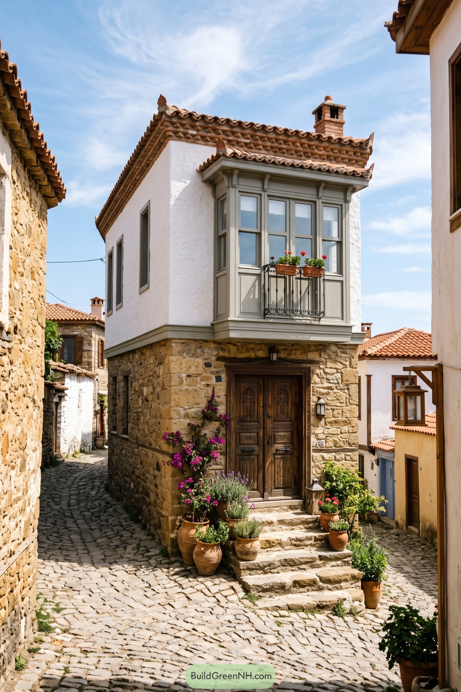 White village house with stone base and bay window