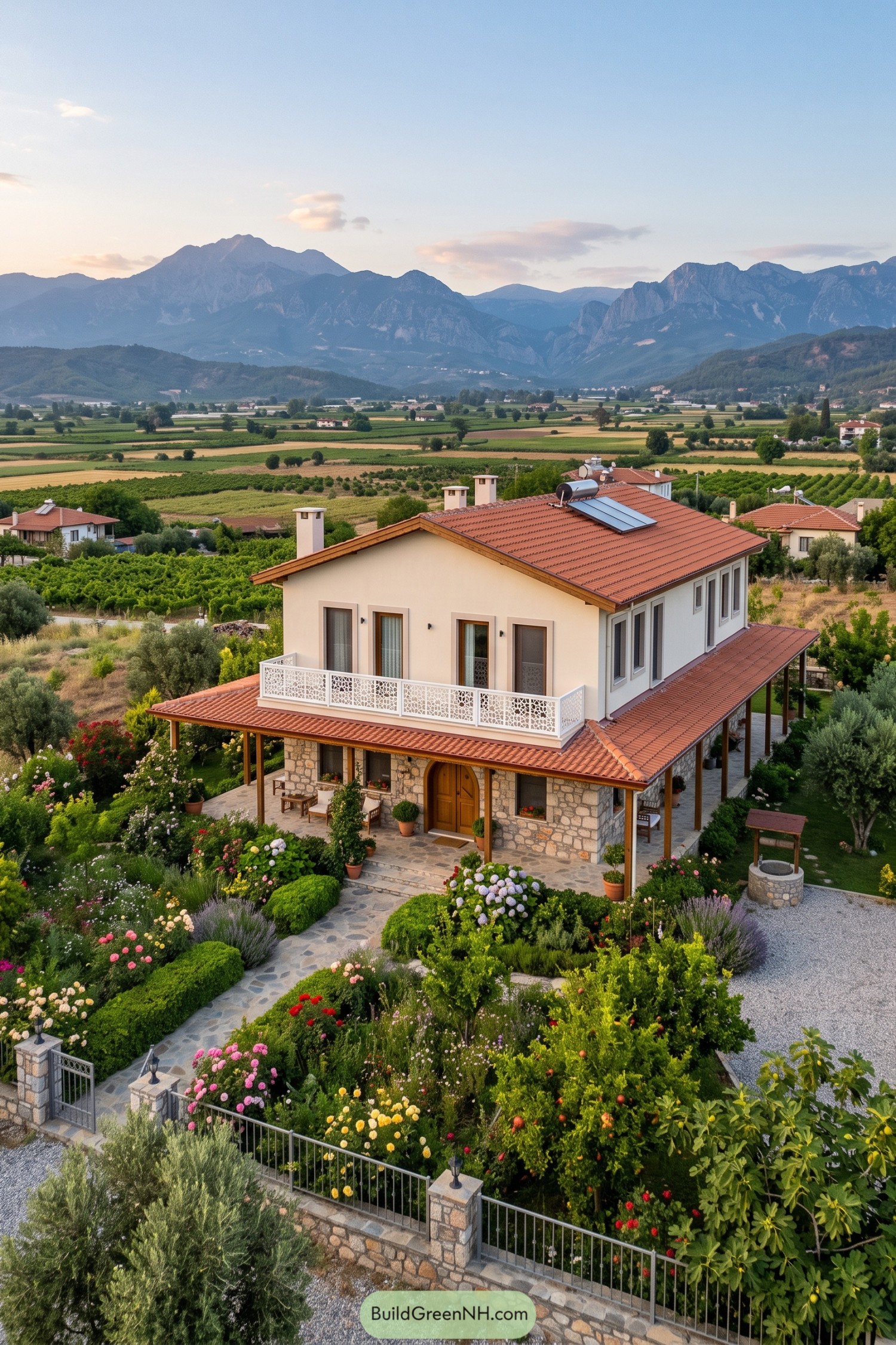 Two-story Turkish village home with stone walls terracotta roof and flowering garden
