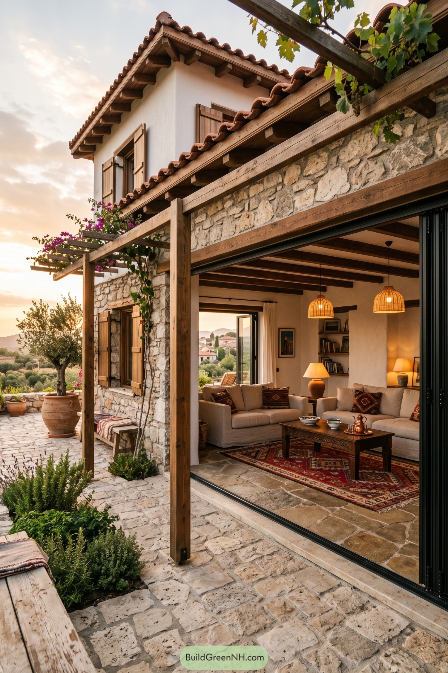 Stone farmhouse with a timber pergola and open living room