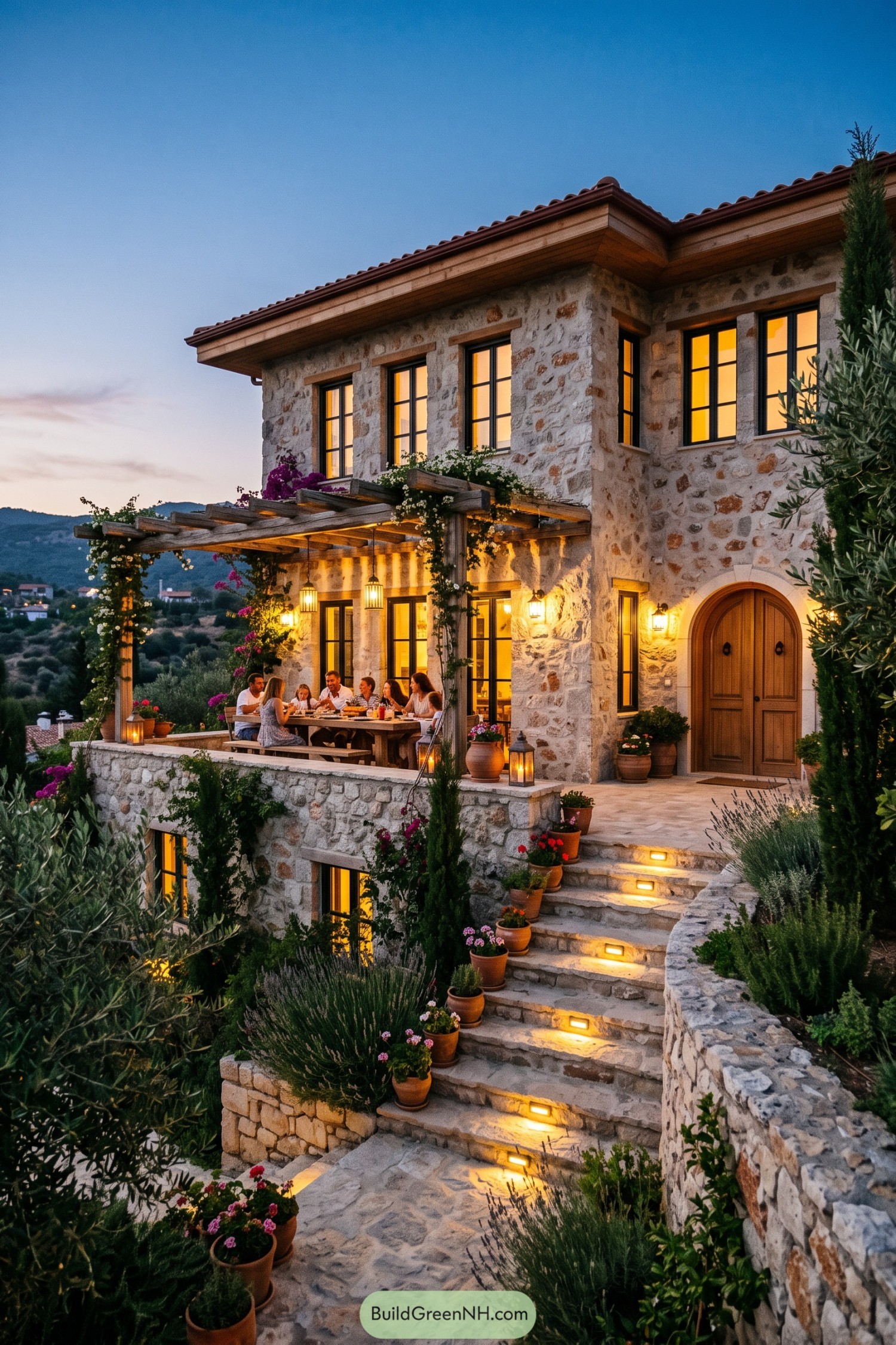 Stone village house with a vine-covered pergola and terraced garden steps at dusk