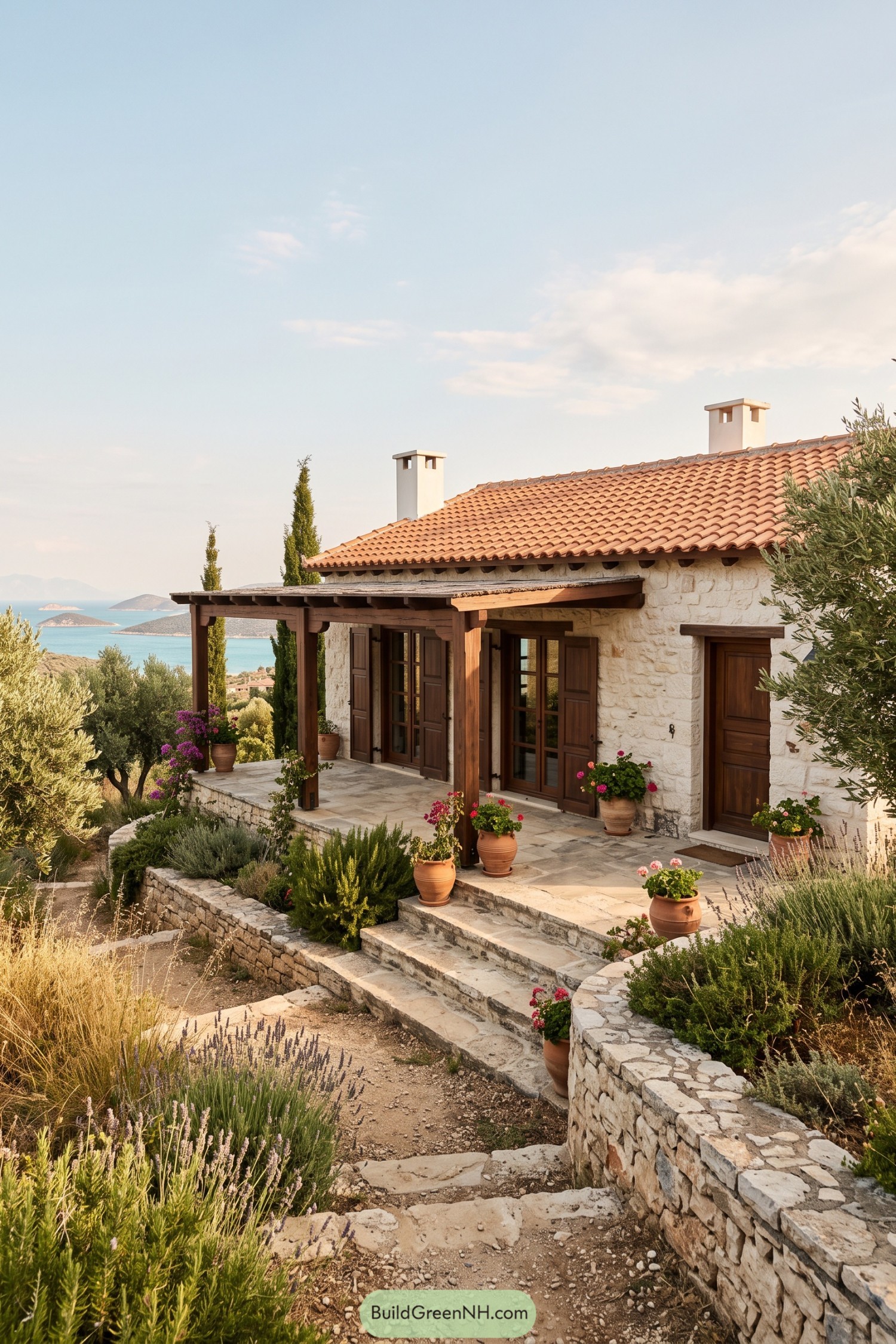 Stone village house with tiled roof overlooking the Aegean coast