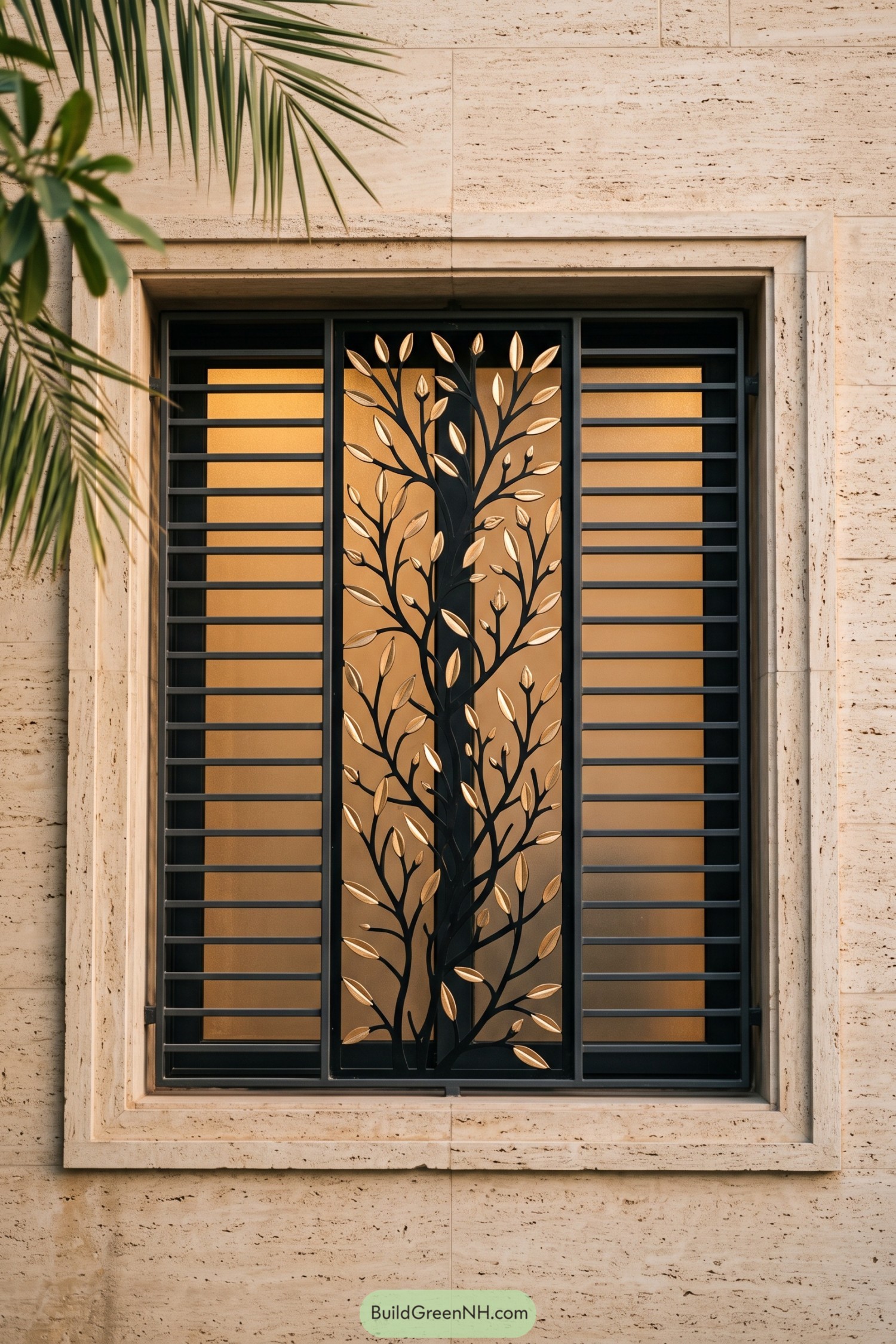Black metal window grill with a branching tree and leaf motif