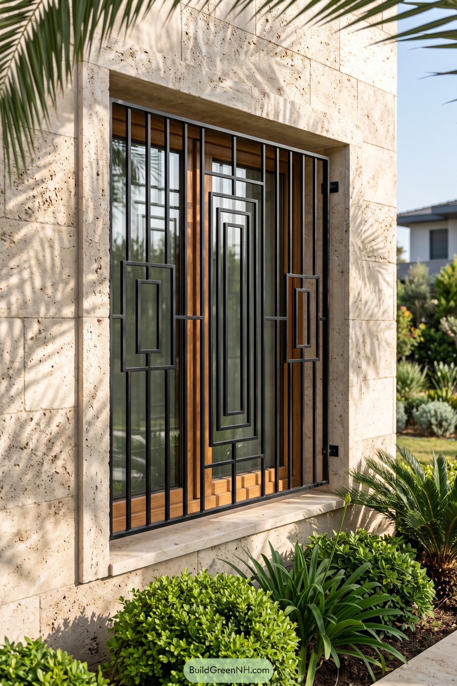 Black steel window grill with stepped rectangular accents