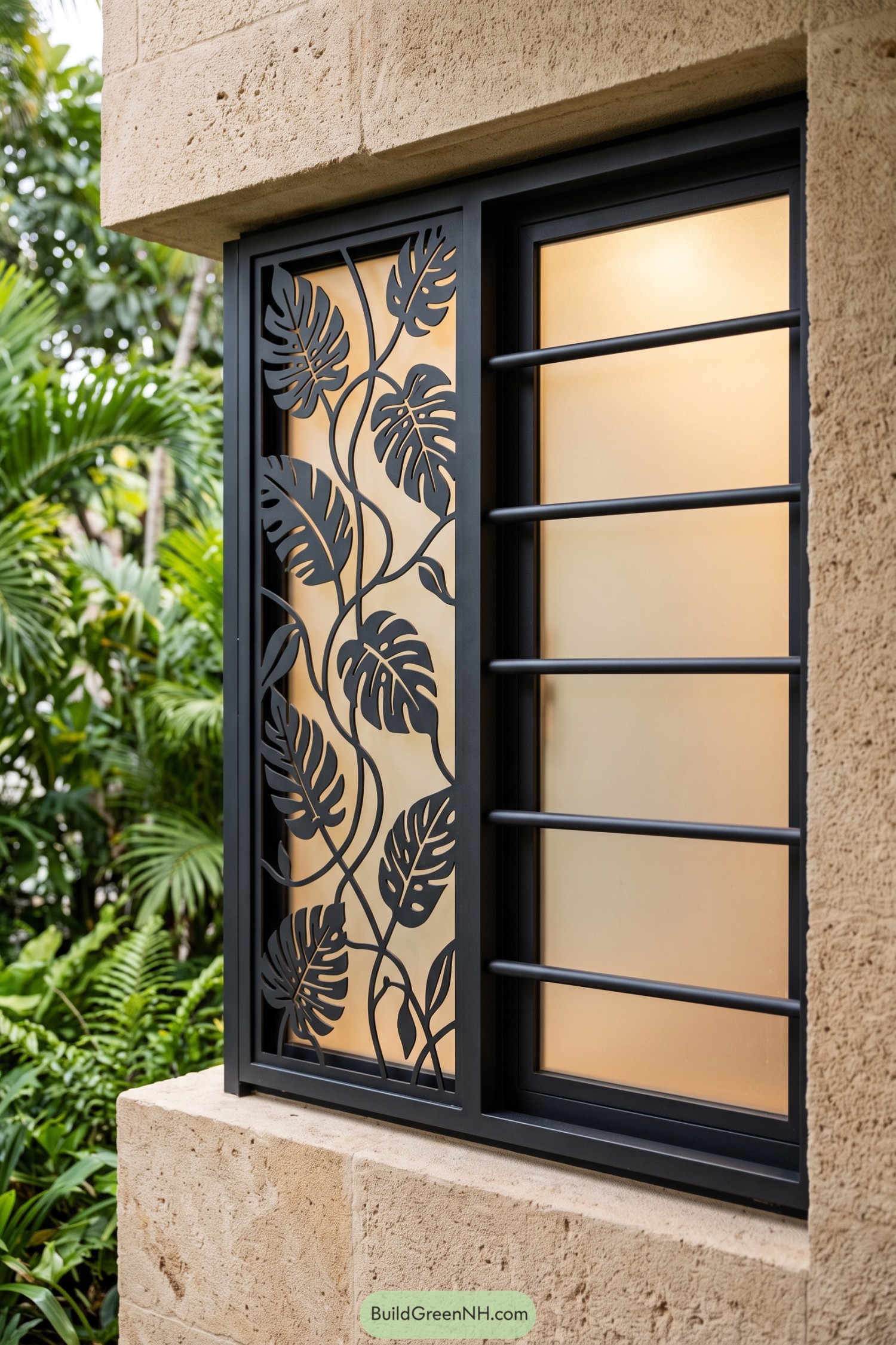 Black window grill with a monstera leaf panel and horizontal bars