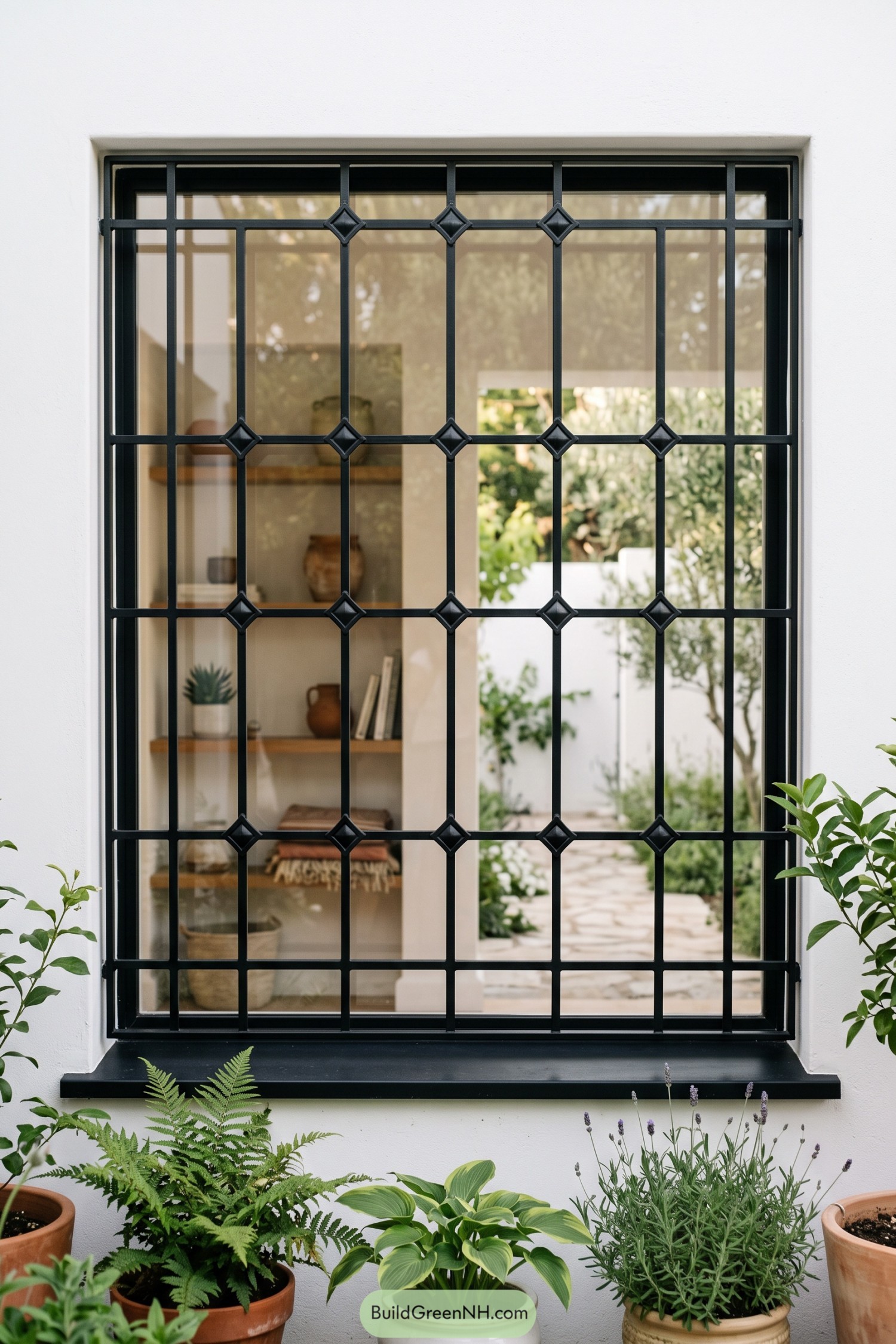 Black window grill with square grid and raised diamond accents