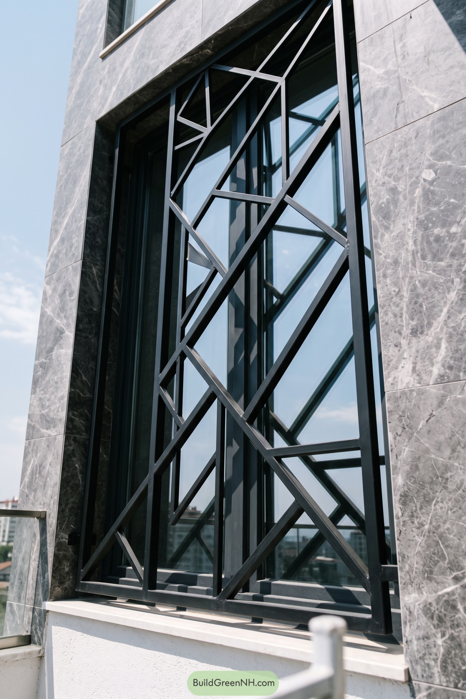 Black metal grill with angular diagonal bars across a tall window