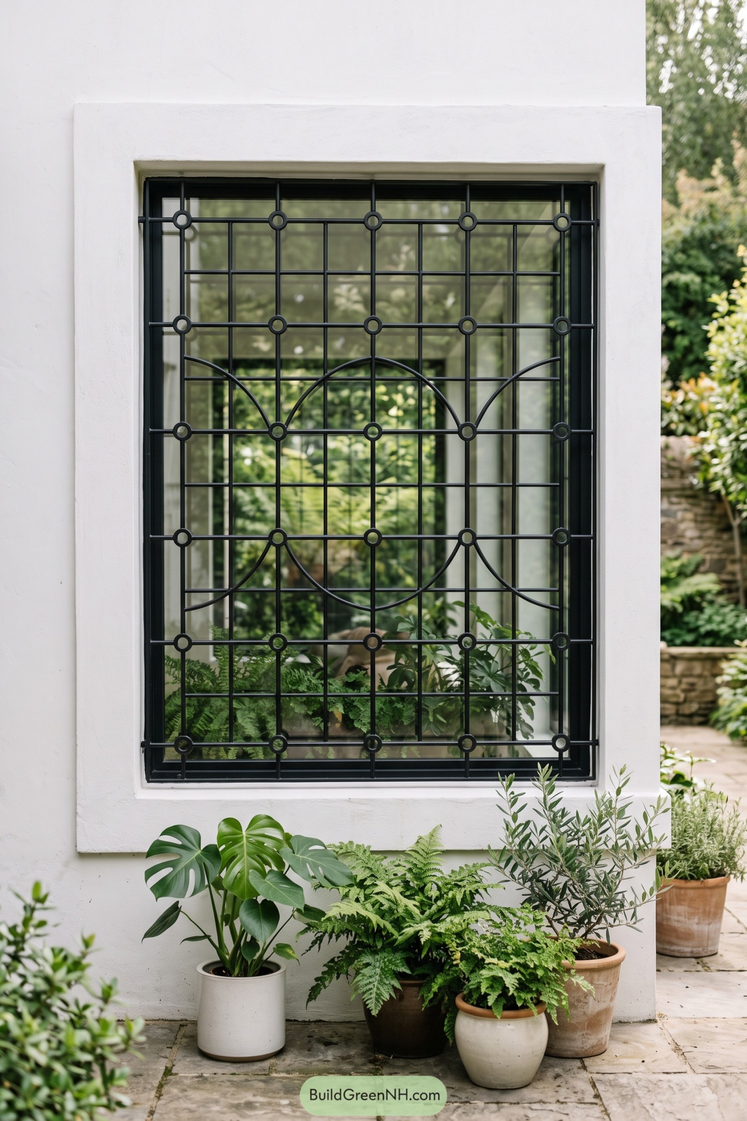 Black window grill with circular nodes and sweeping arches