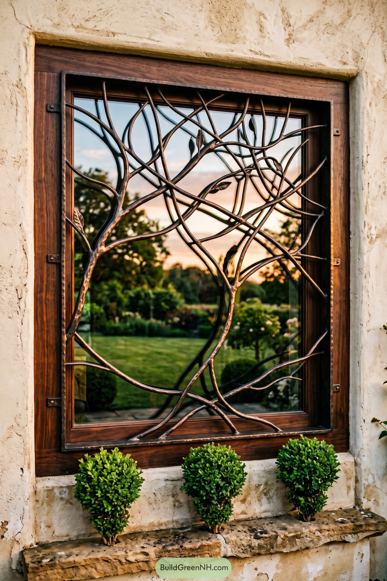 Forged branch window grill with leaf details