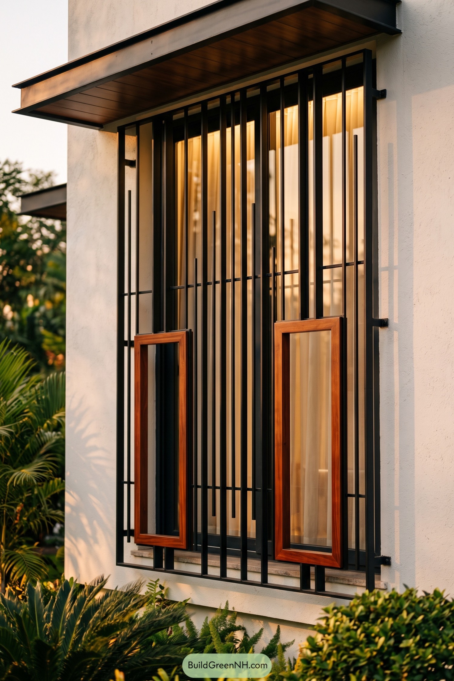 Black vertical window grill with warm wood framed accents