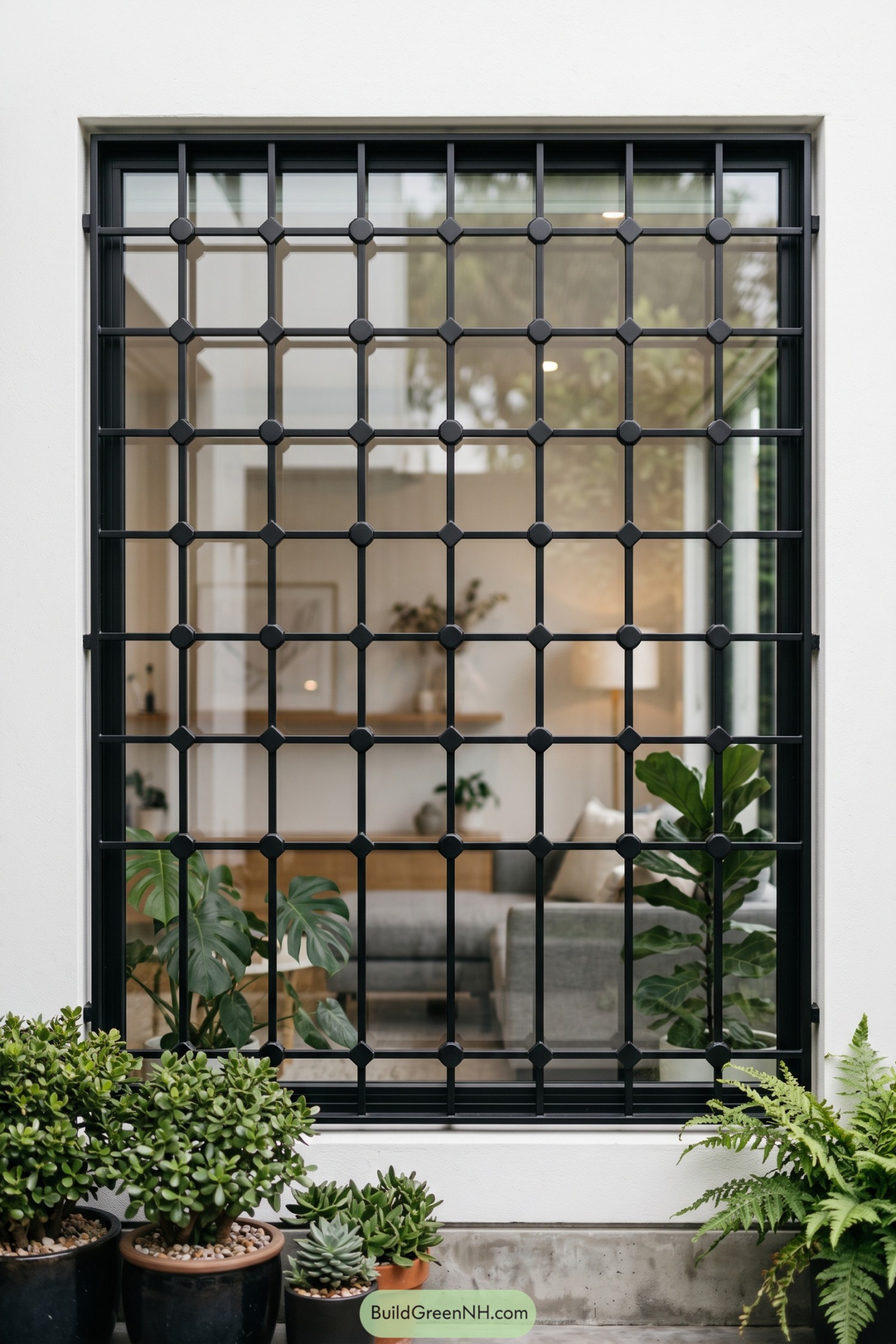 Black window grill with square lattice and alternating round diamond accents