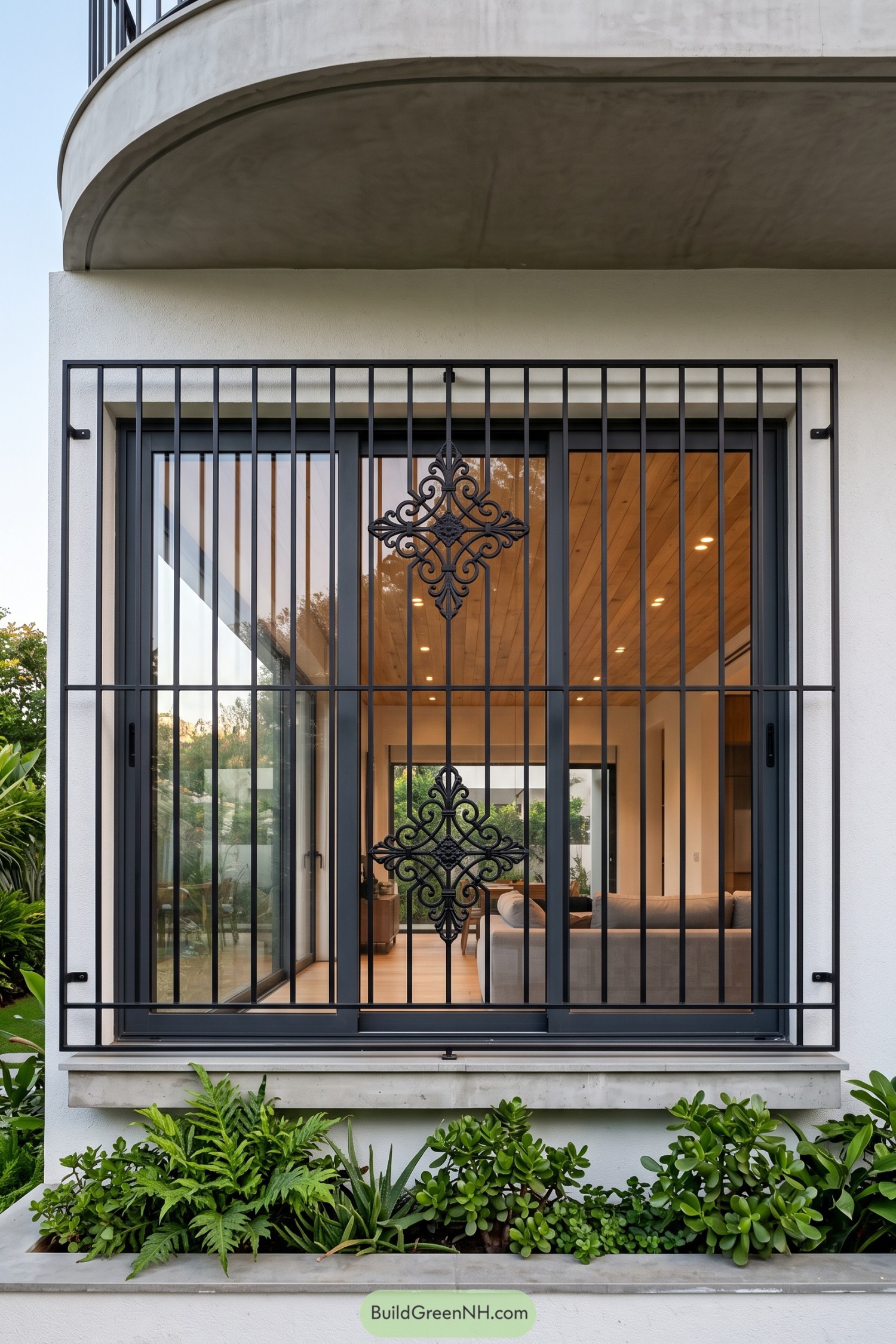Black window grill with scrollwork medallions
