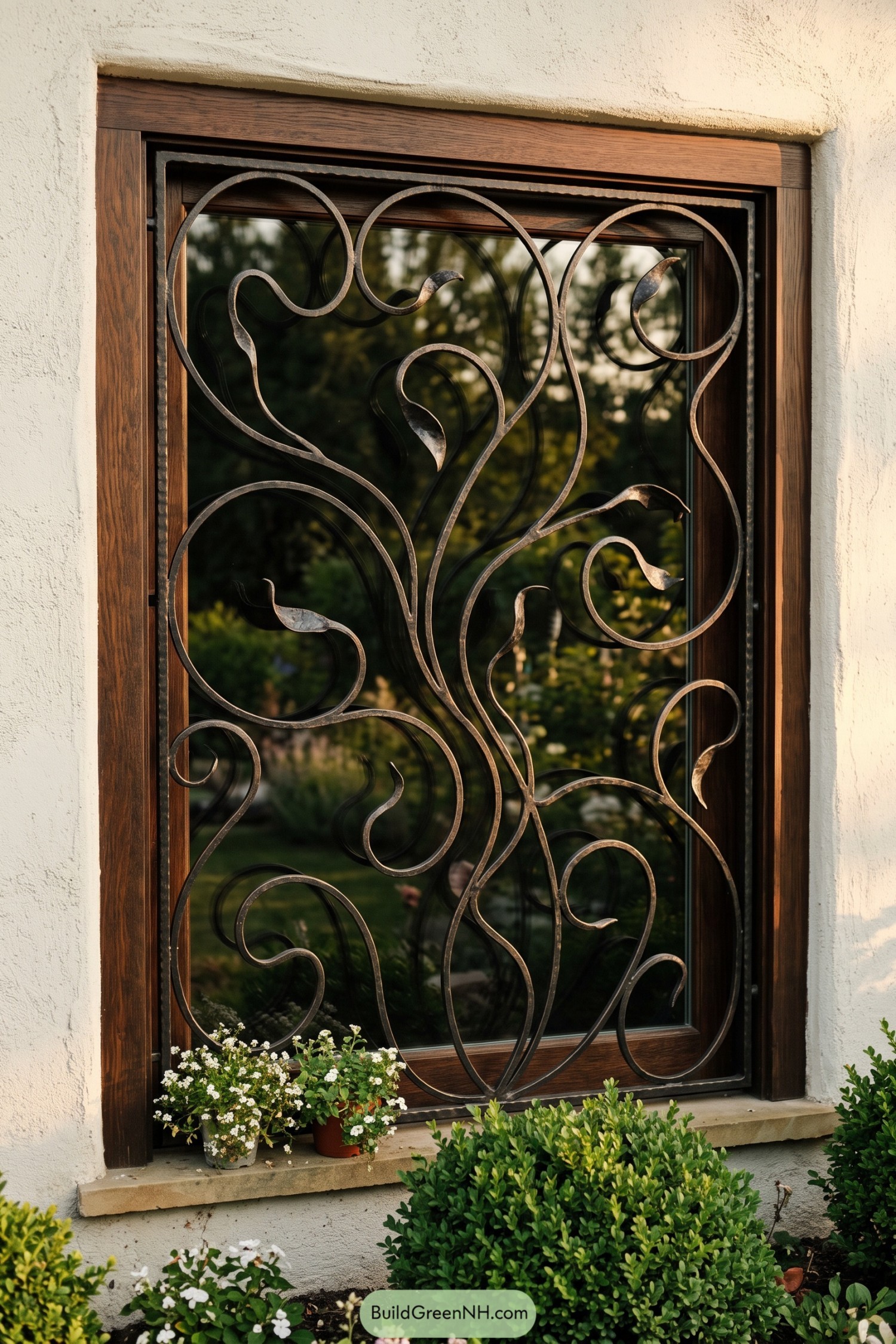 Wrought iron window grill with curling willow leaves