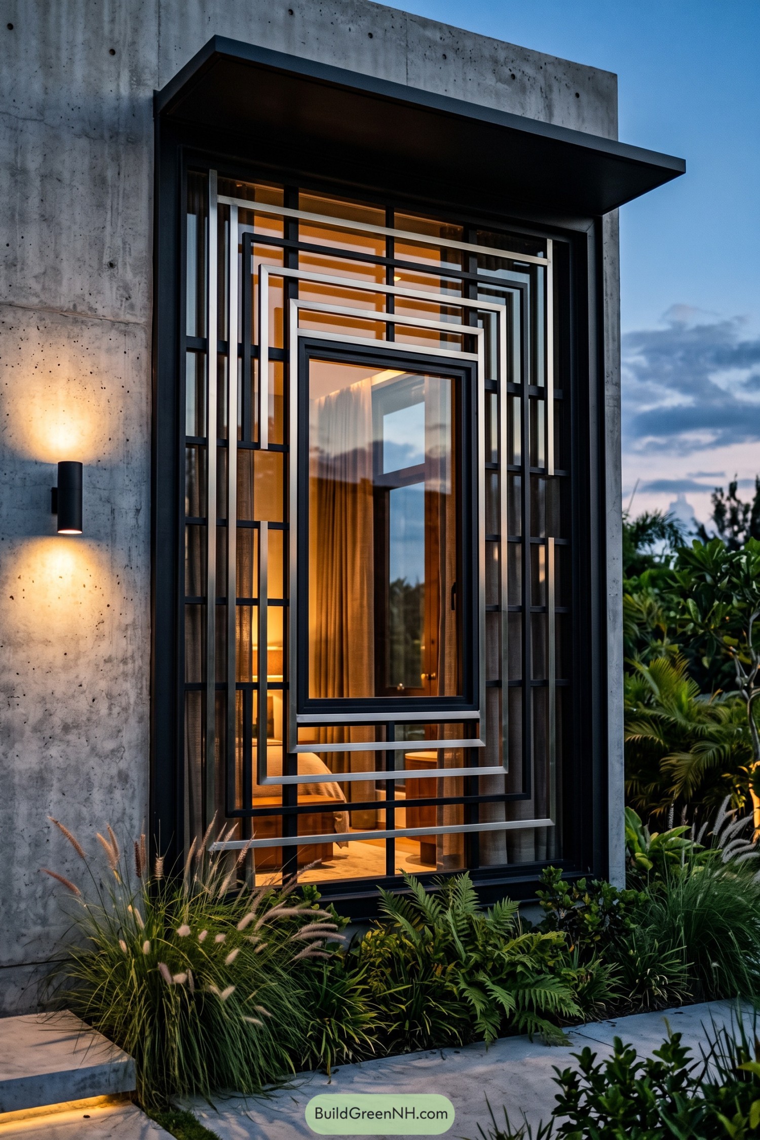 Modern window grill with layered rectangular steel frames