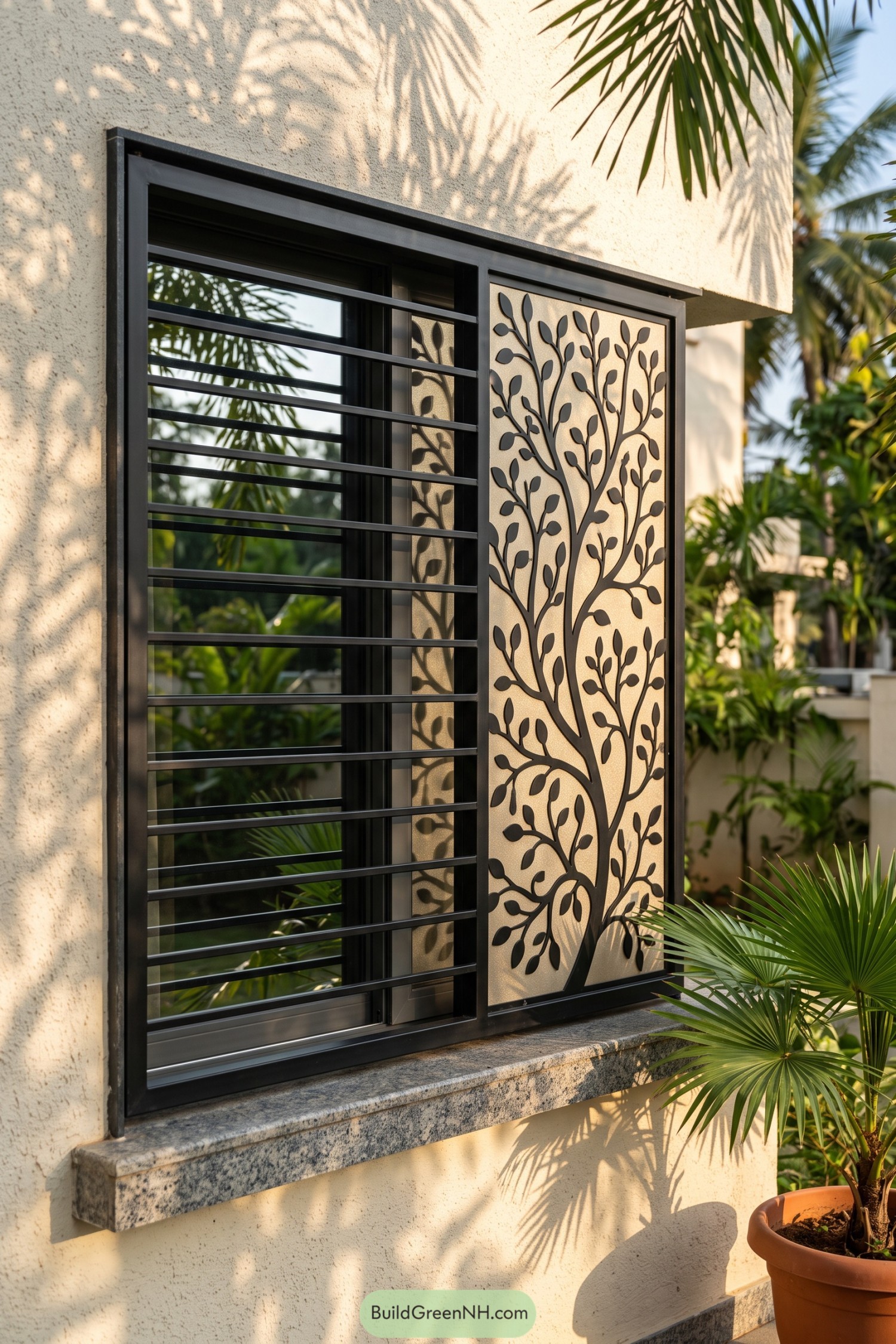 Black window grill with tree cutout panel and horizontal bars