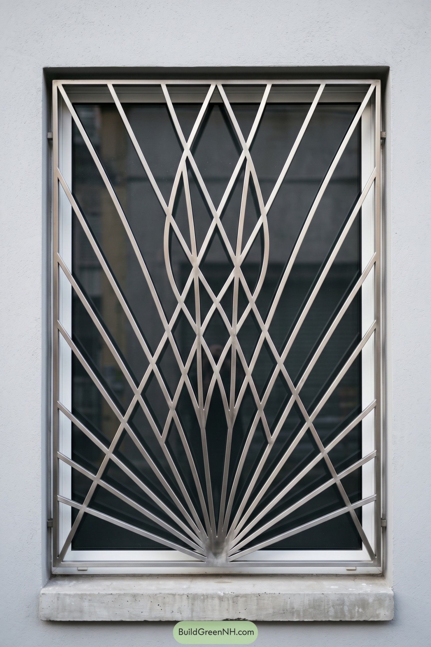 Silver window grill with layered diamonds and fanned base