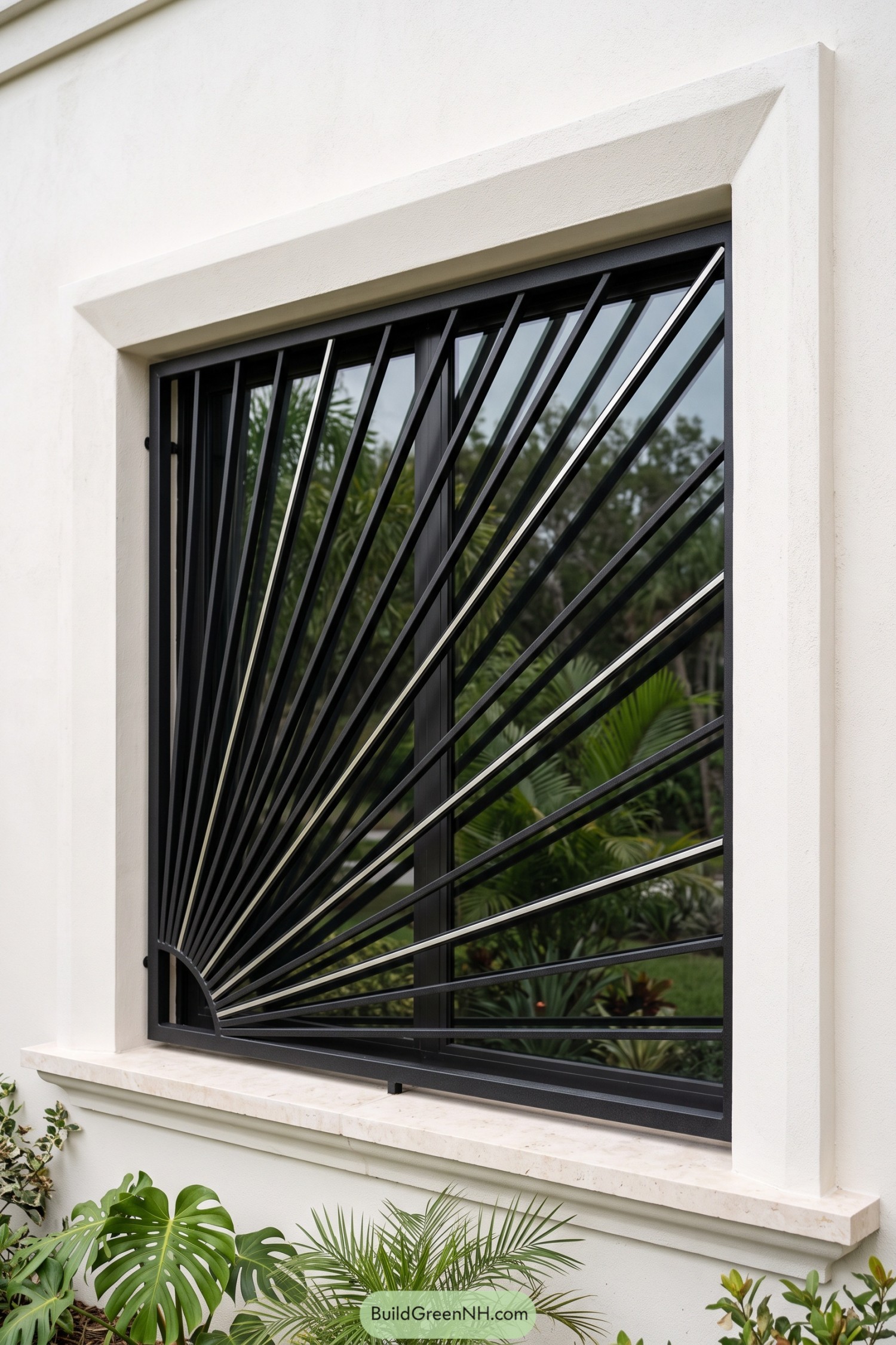 Black steel window grill with radiating sunburst bars