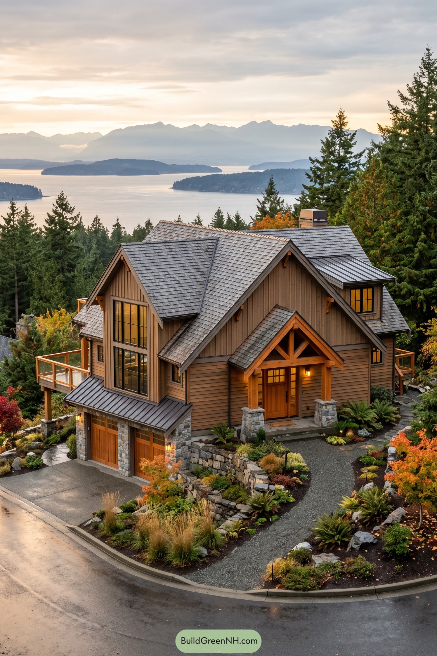 Timber gable home overlooking forested water and mountains