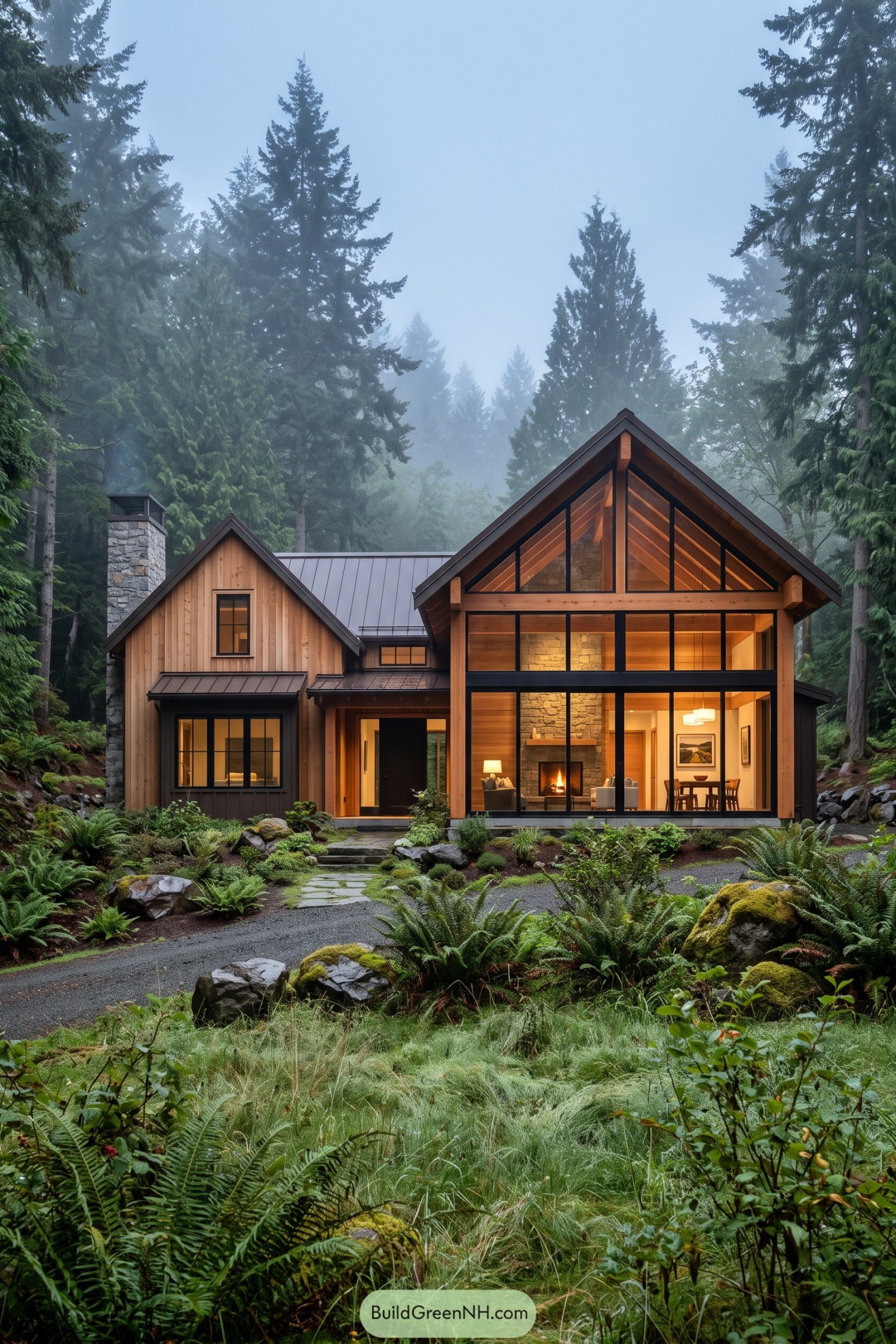 Wood-clad forest home with soaring glazed gable and stone chimney