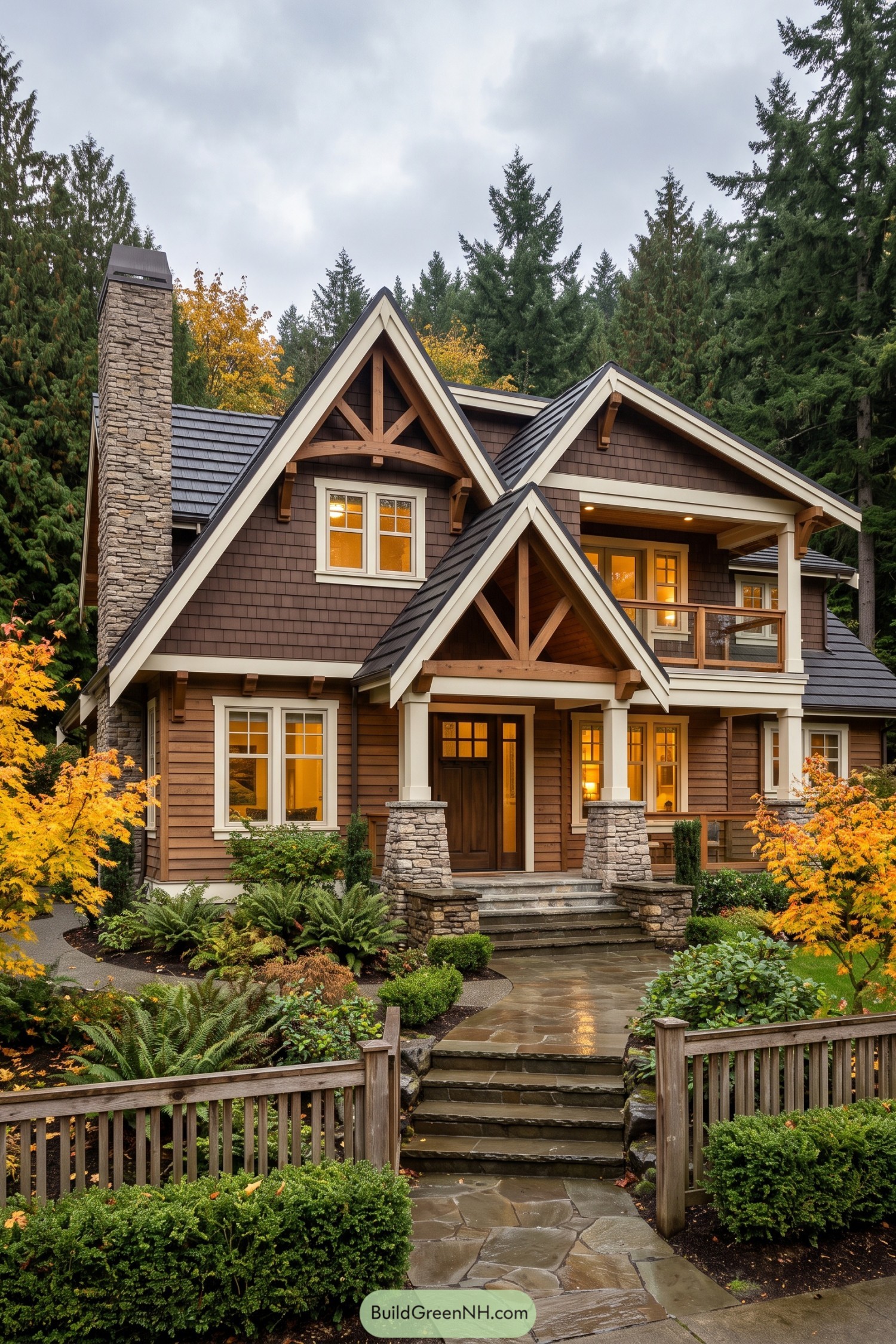 Brown shingle Craftsman home with stone chimney and steep gables