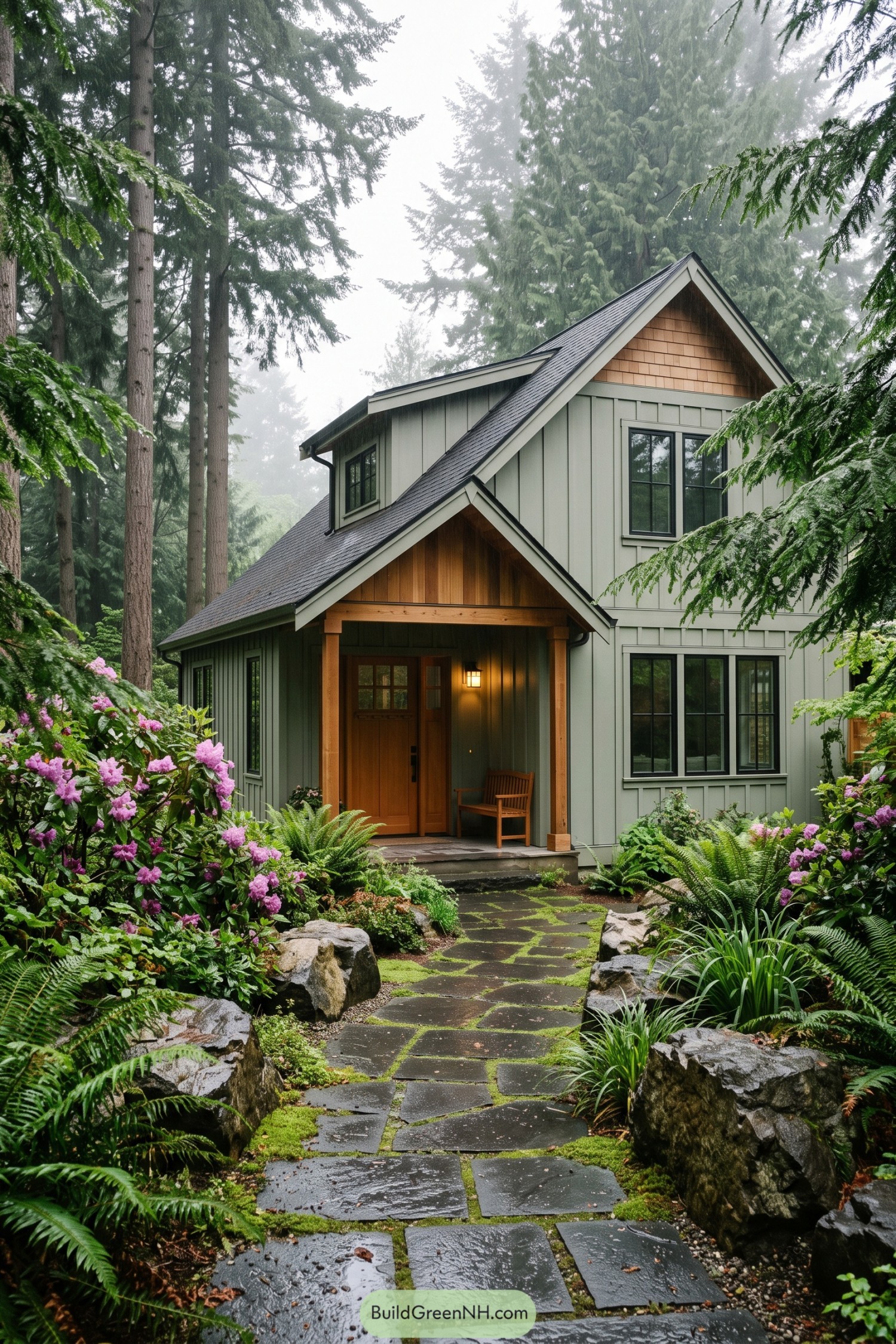 Green board-and-batten home with cedar porch in a misty forest
