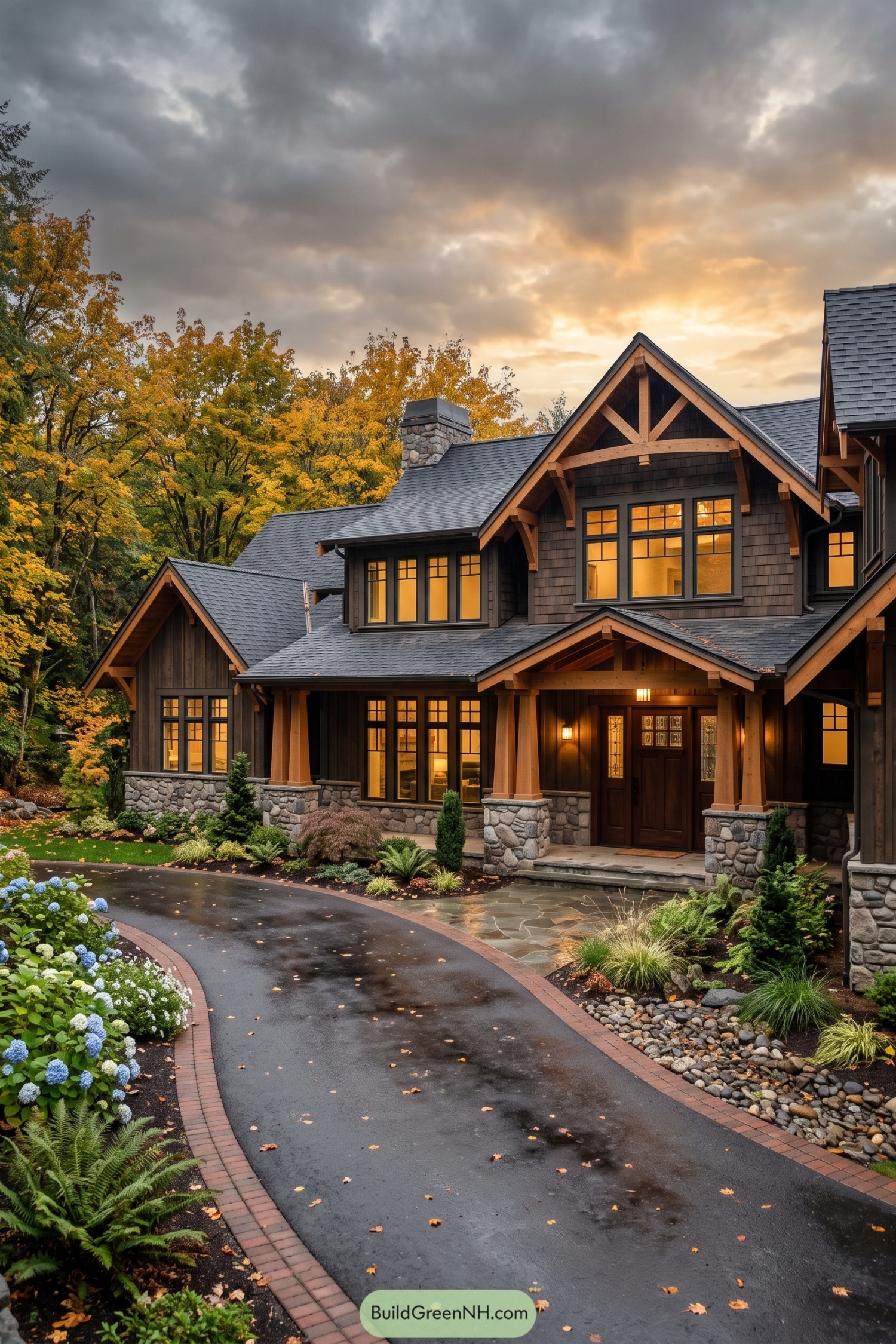 Northwest shingle house with timber gables and stone porch