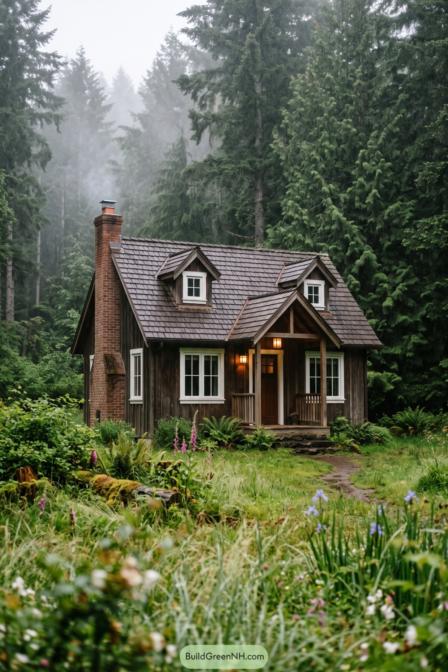 Dark timber cottage with twin dormers in a misty evergreen forest