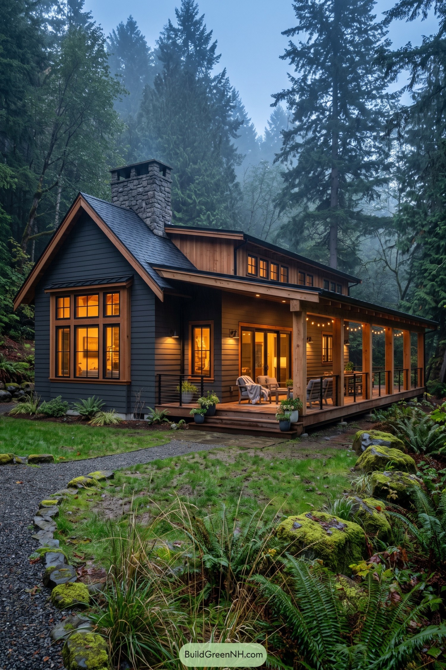 Northwest home with stone chimney and covered porch