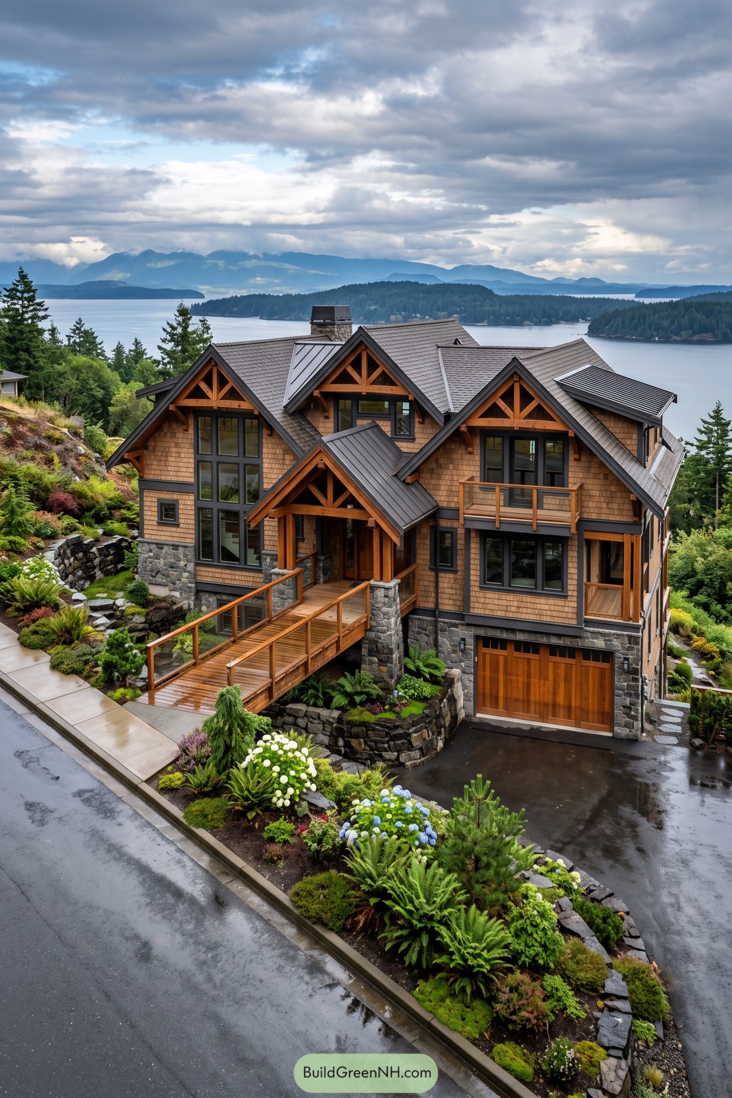 Timber gabled home overlooking forested islands and water