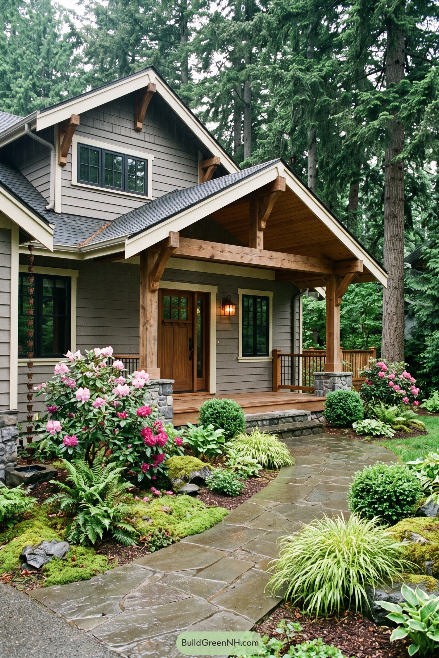 Northwest home with a timber gabled porch and stone path