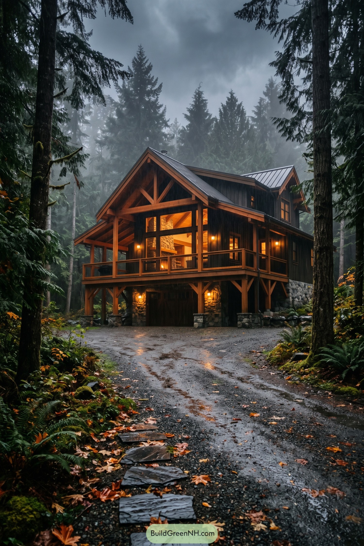 Timber gable house with covered porch in a misty evergreen forest
