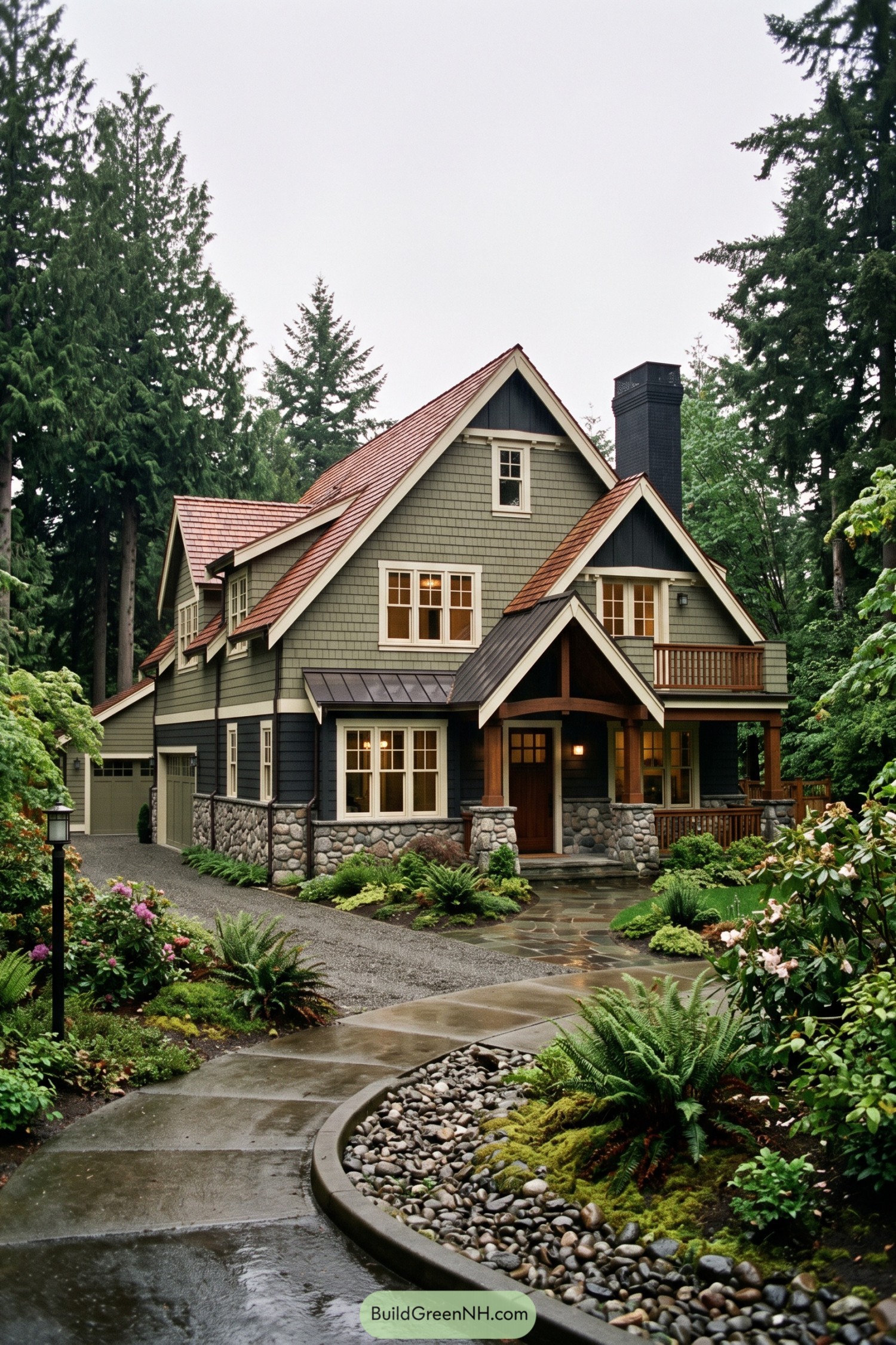 Green Craftsman home with red tile gables and stone porch