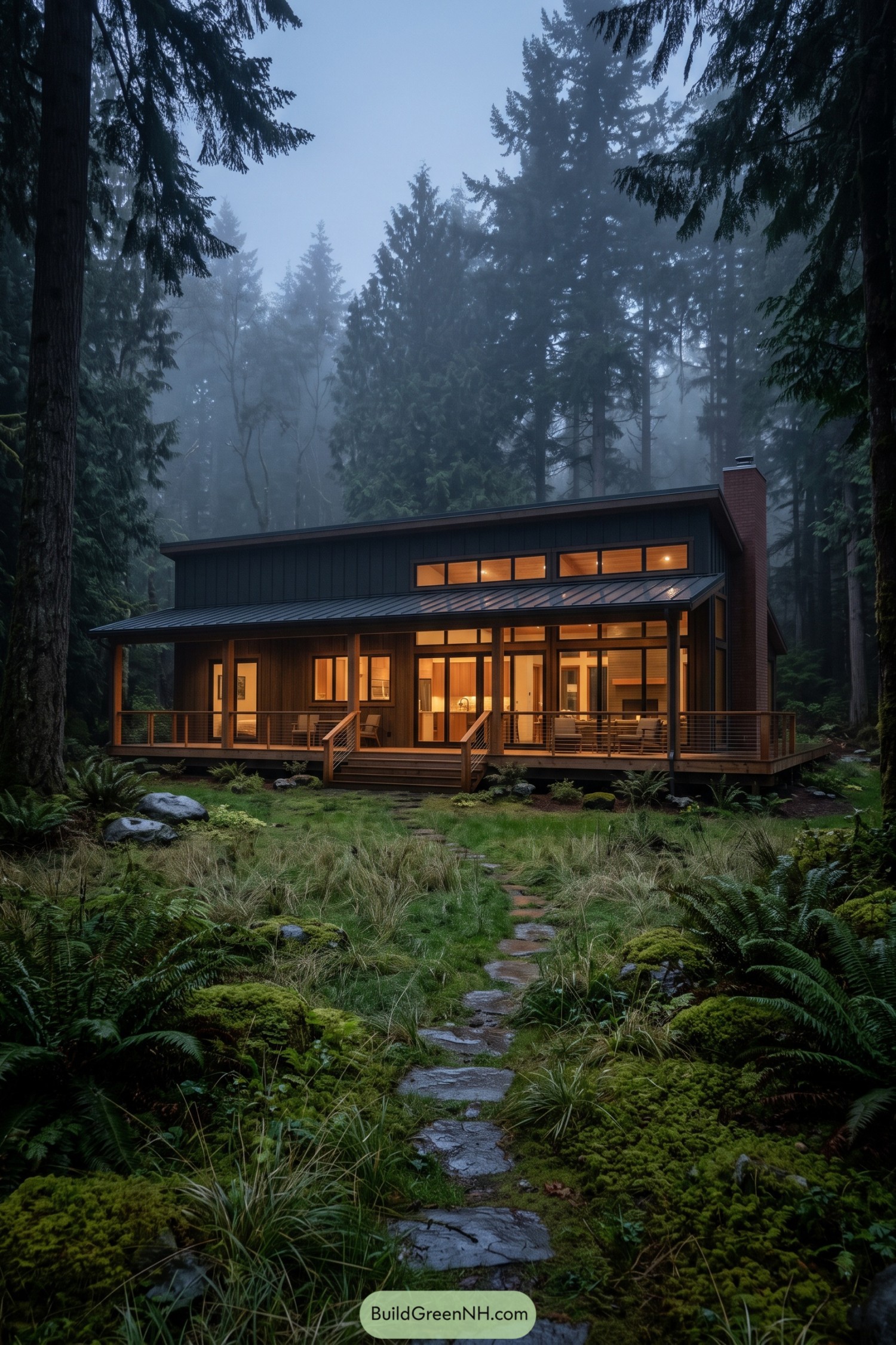 Modern cedar home with wraparound porch in a misty evergreen forest