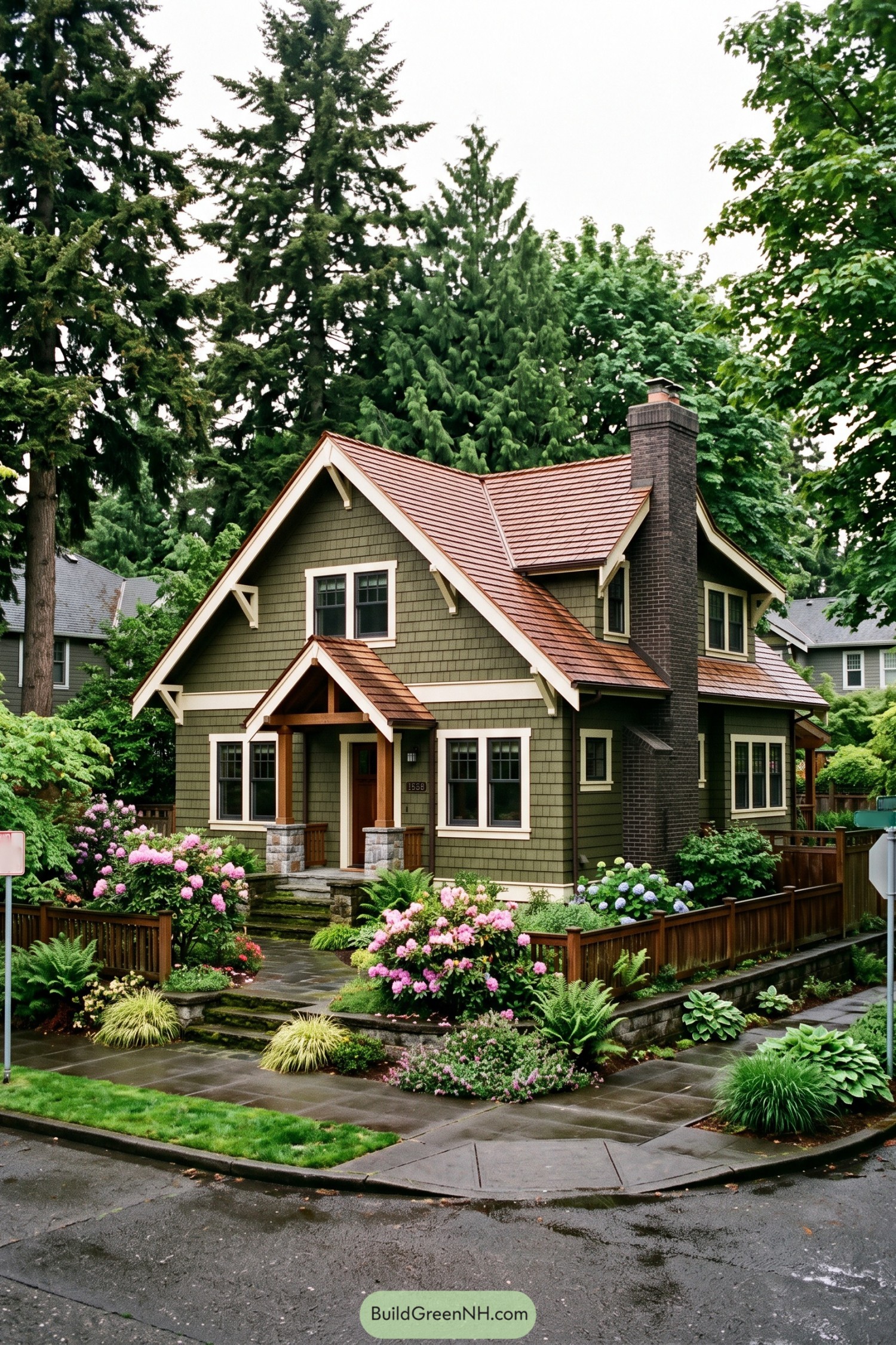 Green shingle cottage with gabled roof and brick chimney