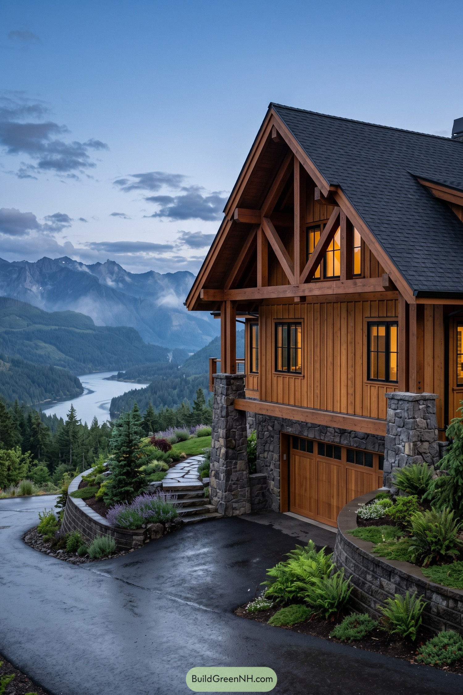 Timber lodge with stone base overlooking a mountain river valley