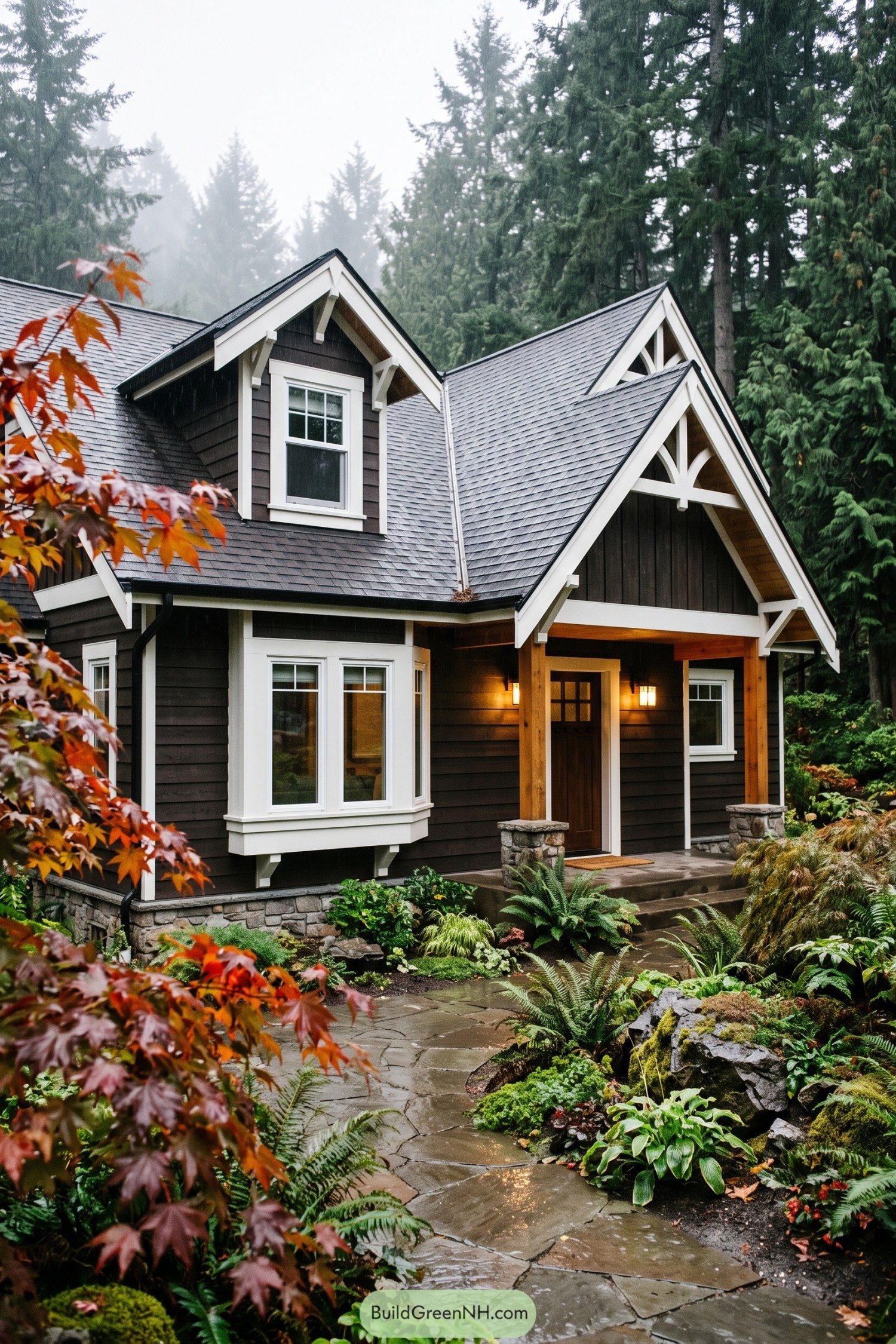 Dark Gabled Cottage With White Trim