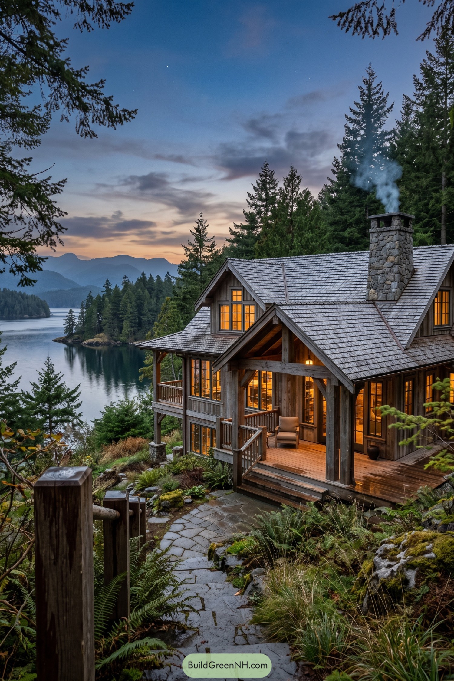 Timber lakeside house with stone chimney at dusk