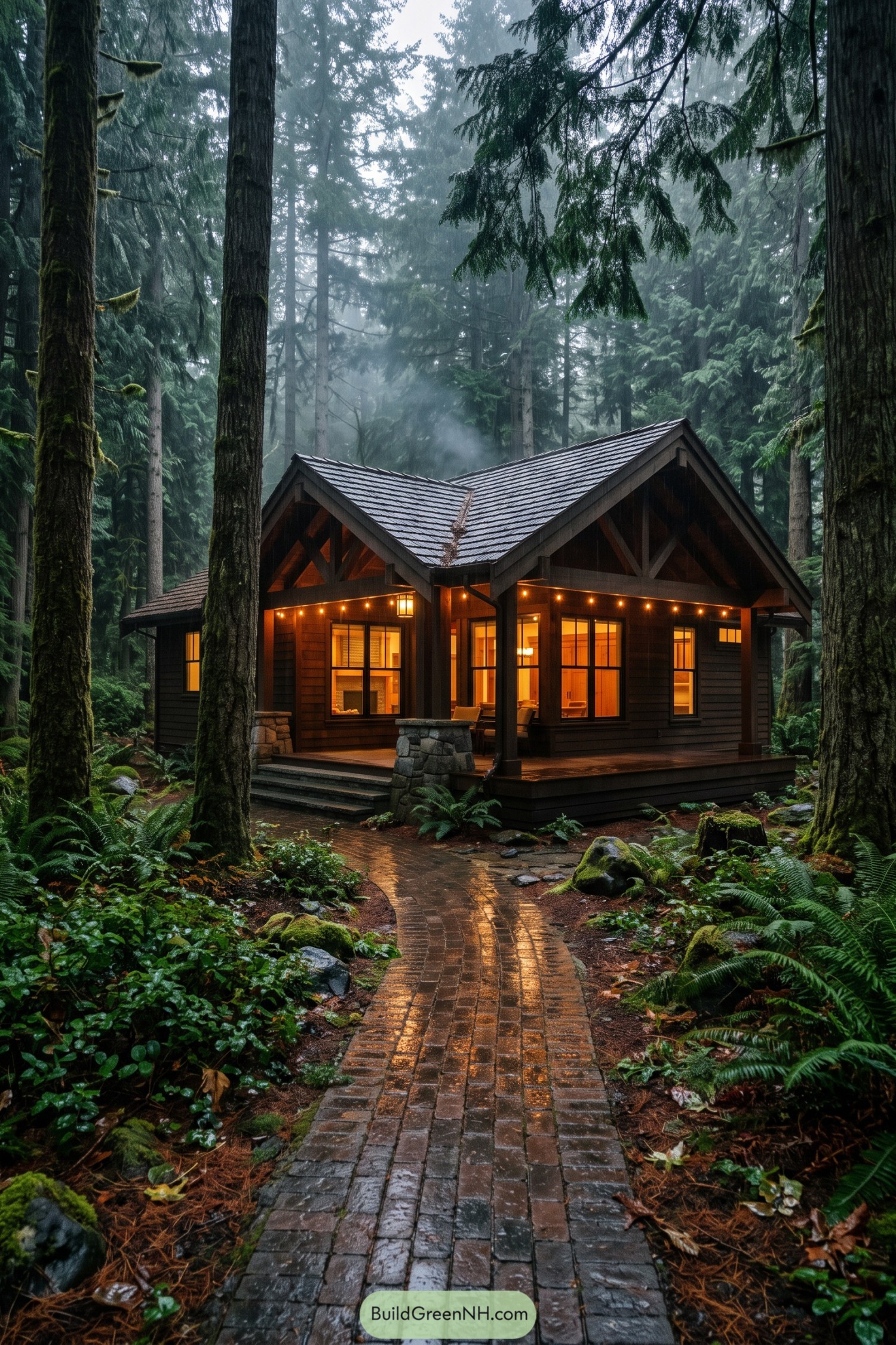 Timber cabin with glowing porch in a misty forest
