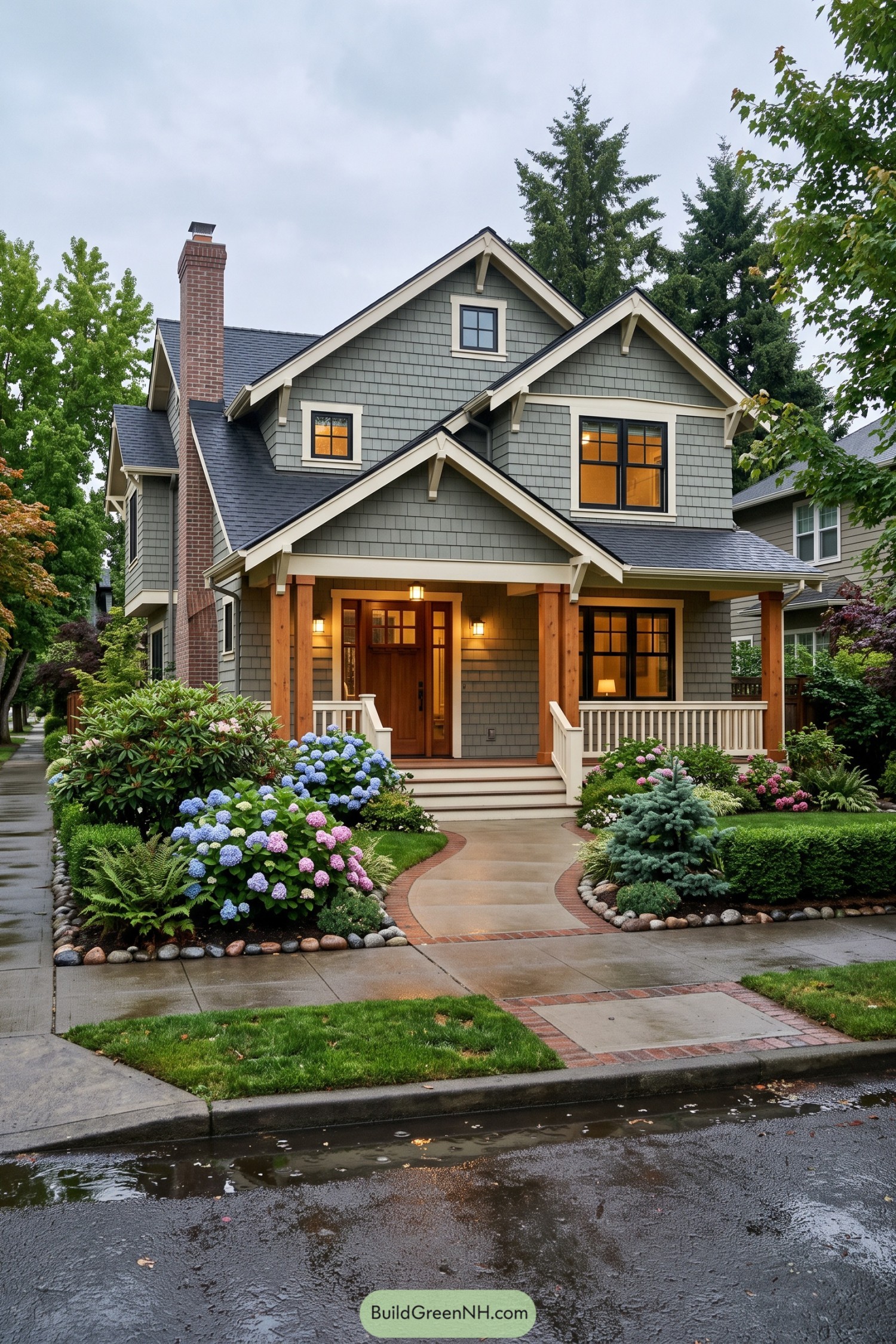 Gray shingle house with gabled porch brick chimney and hydrangea garden