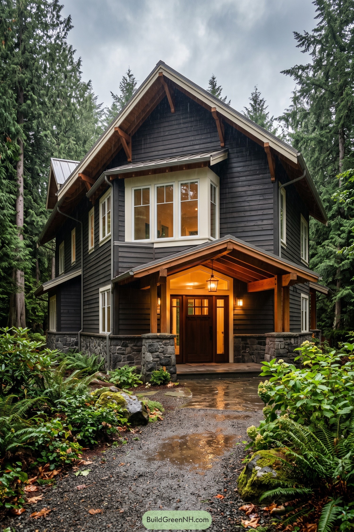 Dark Craftsman home with timber porch in forest