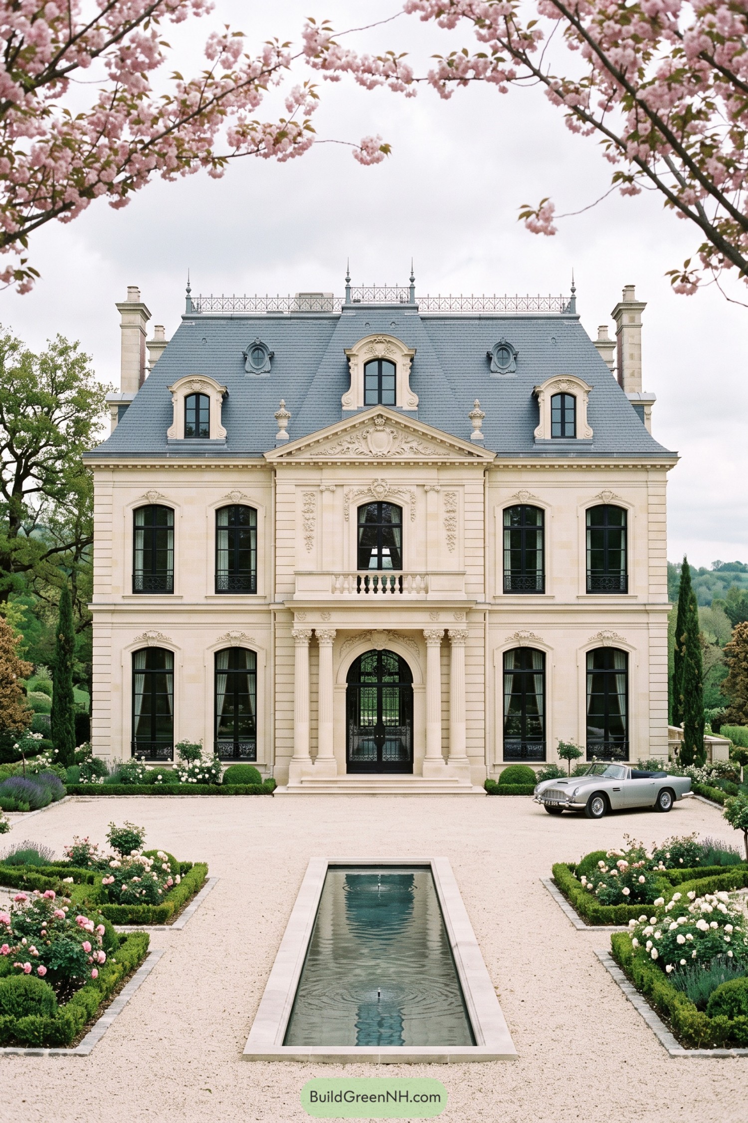 Cream stone French château villa with slate roof formal garden and reflecting pool